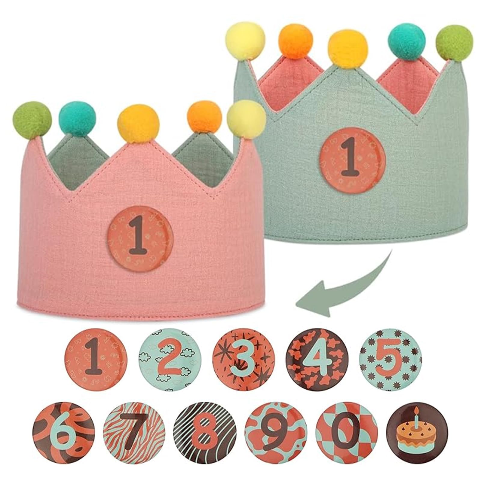 URAQT Kinder Geburtstagskrone, Geburtstagskrone für Jungen und Mädchen, Doppelseitige Wendbare, Kinder Geburtstagsgeschenke, Klett-Buttons mit Auswechselbaren Zahlen von 0-9