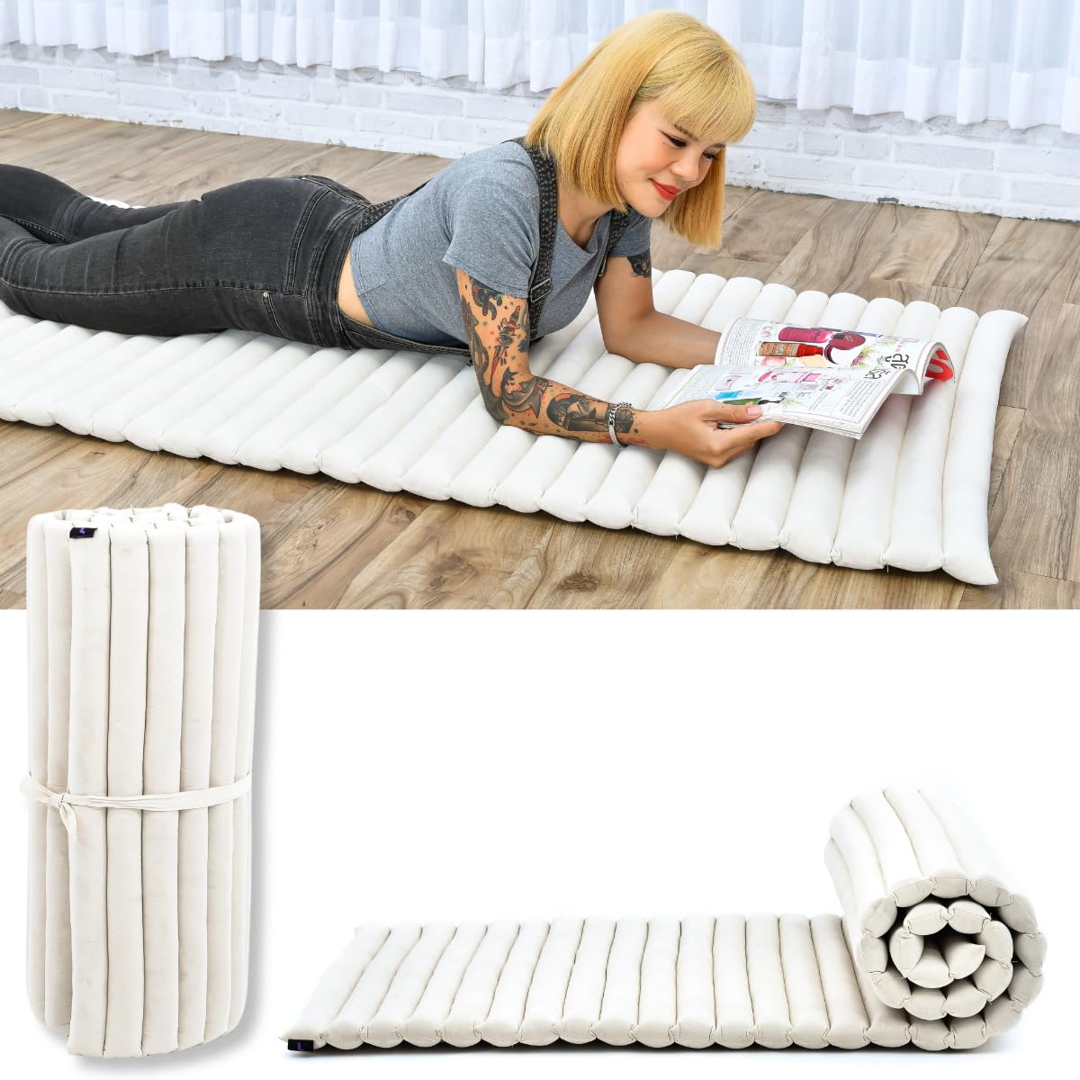 Leewadee - Foldable Floor Mattress - Japanese Roll Up Futon -Trifold Tatami Mat- Guest Floor Bed - Camping Mattress - Thai Massage Mat, Kapok Filled,