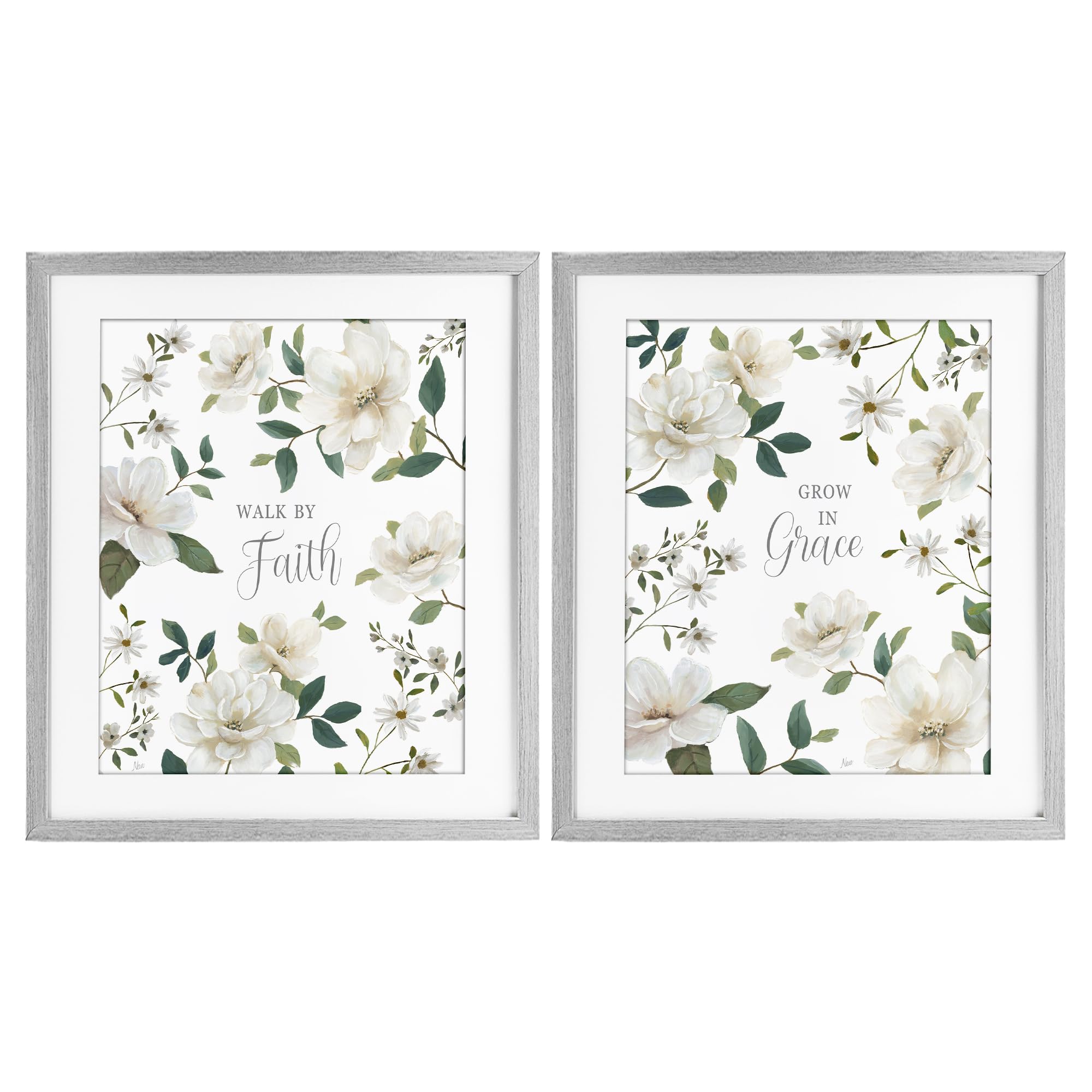 Stupell Industries 'Spiritual Faith Sayings with Florals', 2pc Framed Print Under Glass Set, Gray, 17 x 21 Inches, Easy to Hang and Sturdy, Made in USA, by Nan