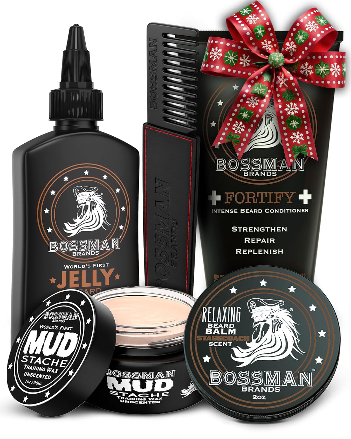 Bossman Complete Beard Kit – Men's Beard Oil Jelly, Fortifying Shower Conditioner, Balm, Mustache Wax & Comb – Beard Softener & Grooming Care – Men Gift Set (Stagecoach Scented)