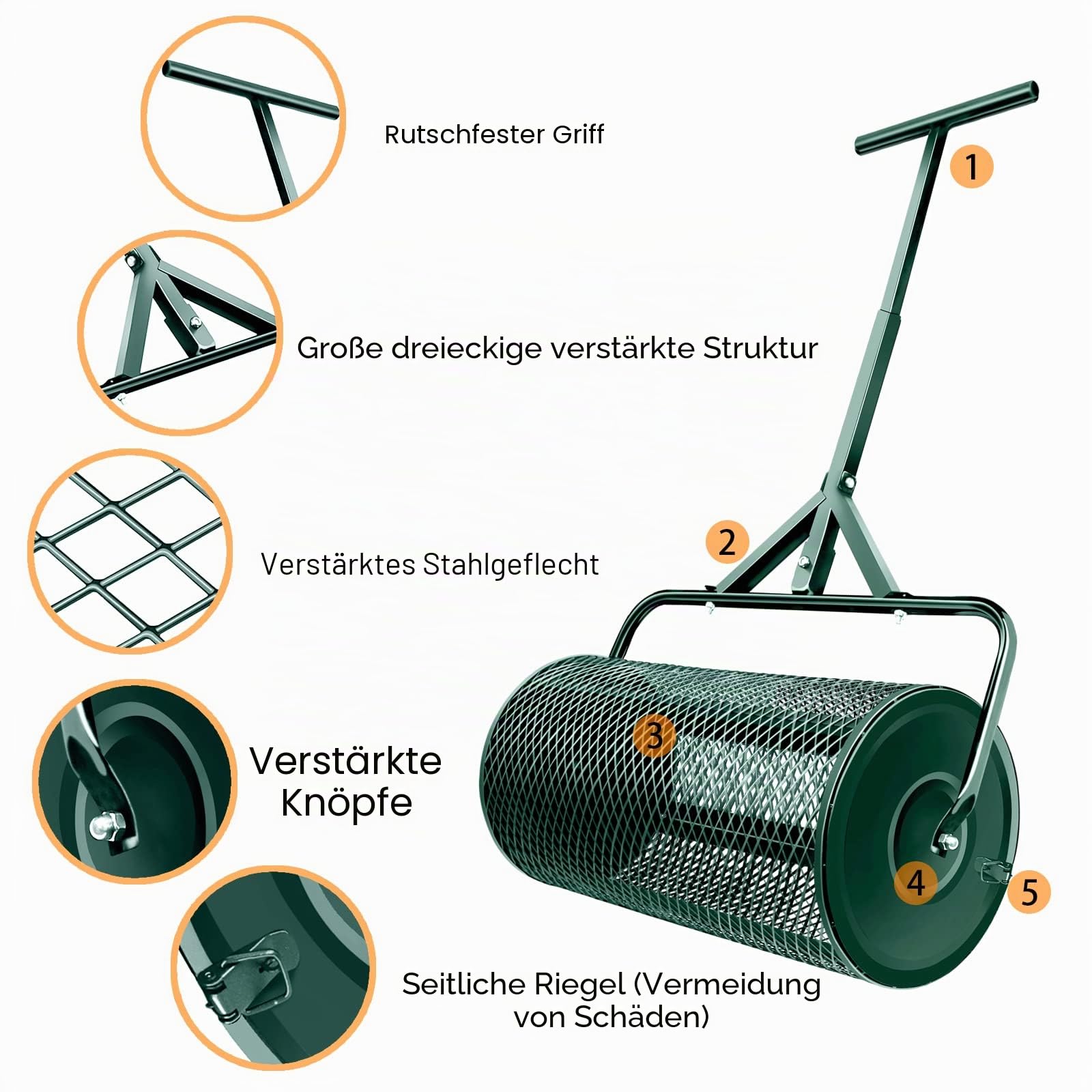 Kompoststreuer, langlebige Rasenwalze, Dungstreuer mit verbessertem T-förmigem Griff, Mutterboden-Streuer für Rasen- und Gartenpflege, Dungstreuer-Walze (40,6 cm-T-Grün-L)