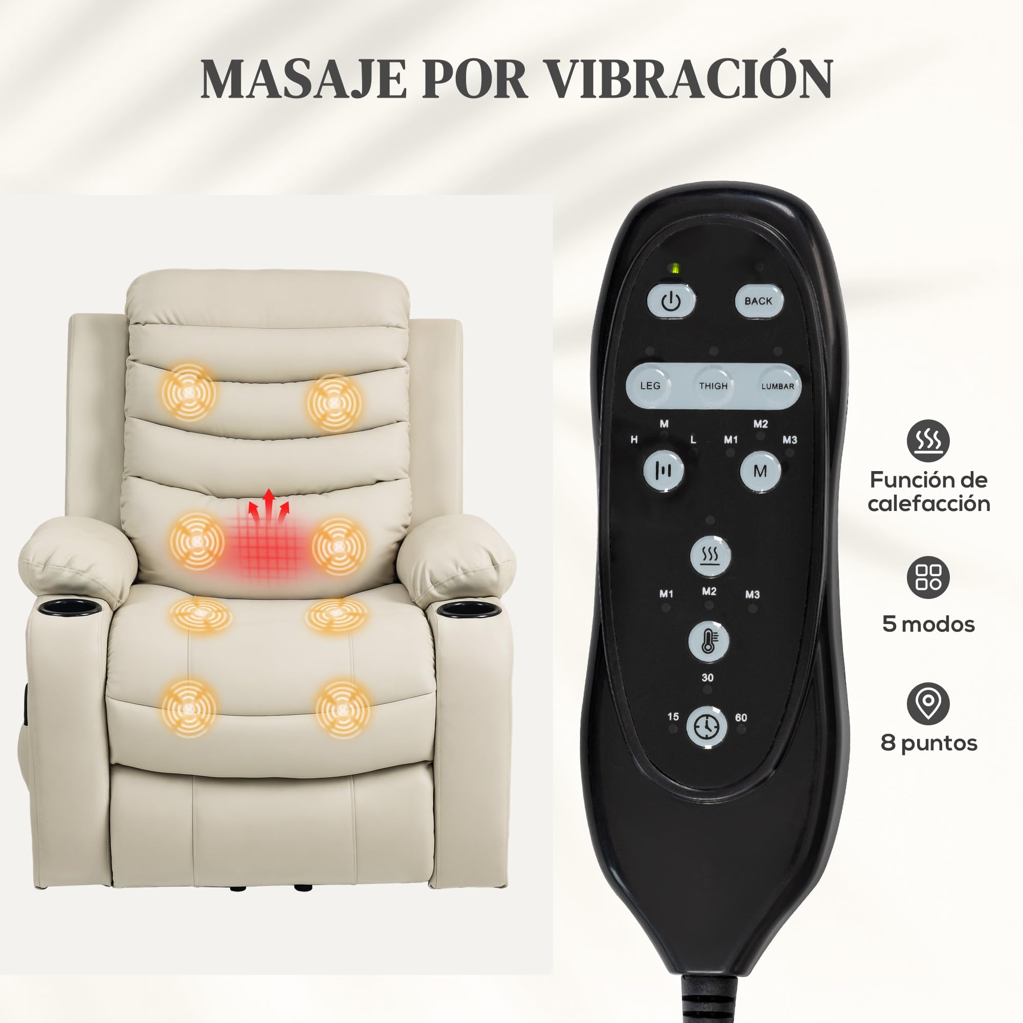 HOMCOM Sillón Relax Reclinable Eléctrico Levanta Personas, con Masaje Vibratorio y Calor, Sillón Elevador, con Puerto USB, Control Remoto, Reposapiés, Tapizado en PU, Bolsillos, Portavasos, Crema