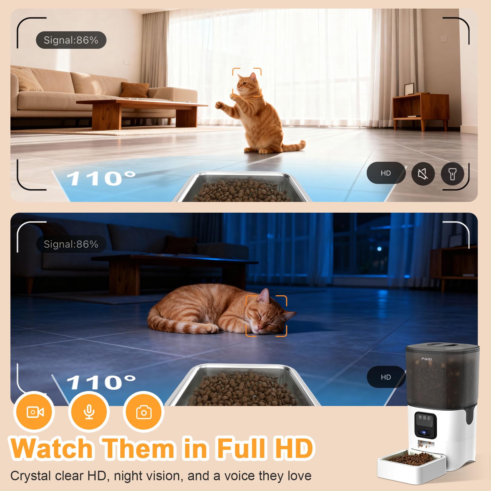 PGID Automatic Cat Feeder with Camera, 1080P HD Video with Night Vision, 2.4G WiFi Pet Feeder for Cat & Small Dog, 2-Way Audio & Meal Call Pet Food Dispenser, Motion Capturing Auto Dog Feeder 6L - image 3