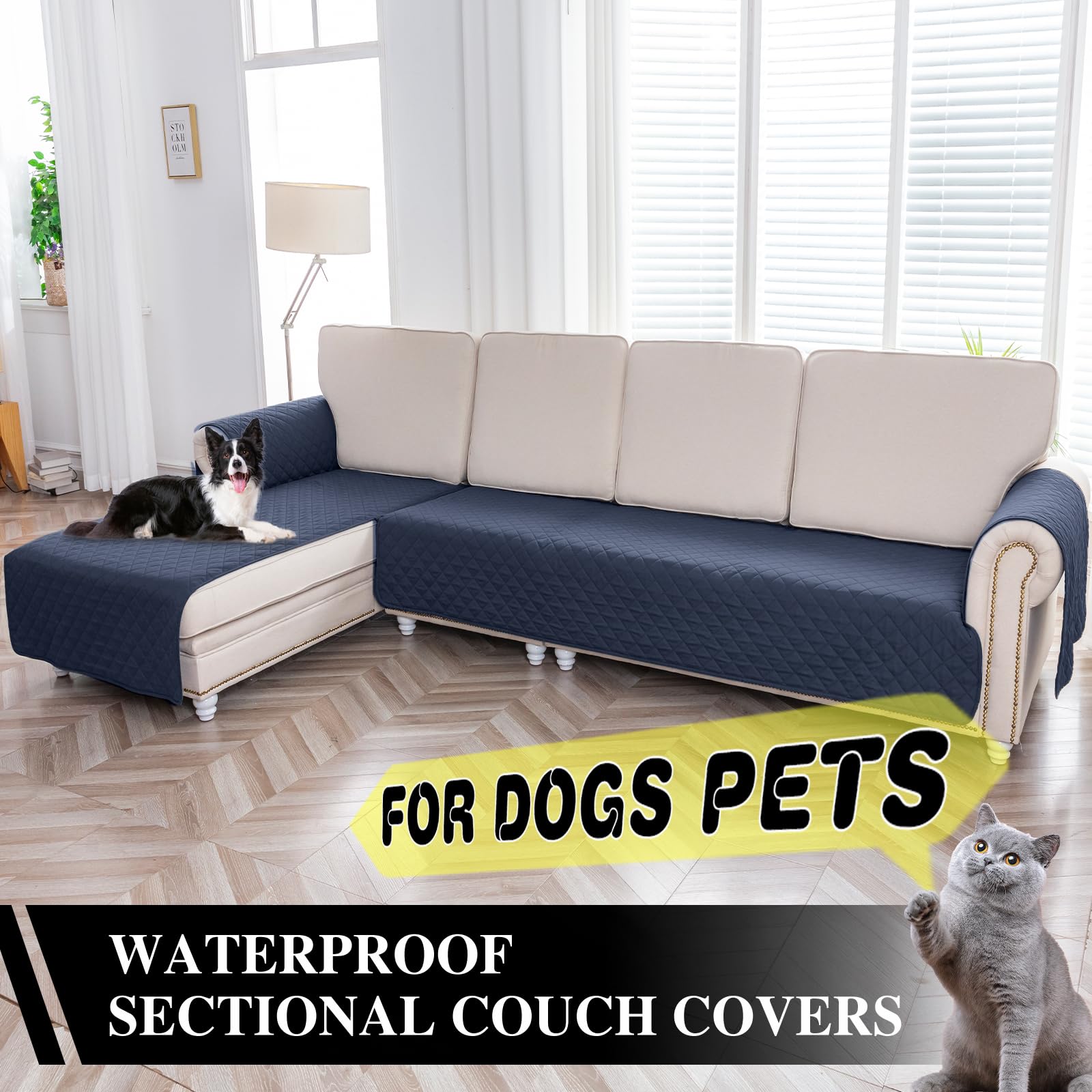 BT.WA Sectional Couch Covers Waterproof L Shape Sofa Cover 2-Piece Reversible Couch Slipcover with Chaise Lounge Cover Durable Furniture Protector Sofa Slipcovers for Pets Dog Cat (X-Large, Navy)