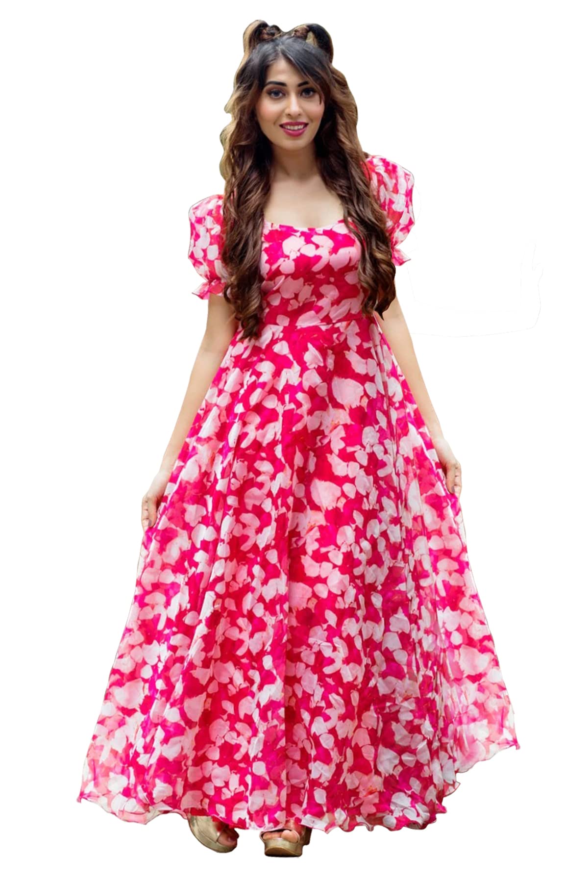 Sugathari Georgette Women Flare Calf Length Gown Dress For Women (Gown Dress2 39 Pink L)