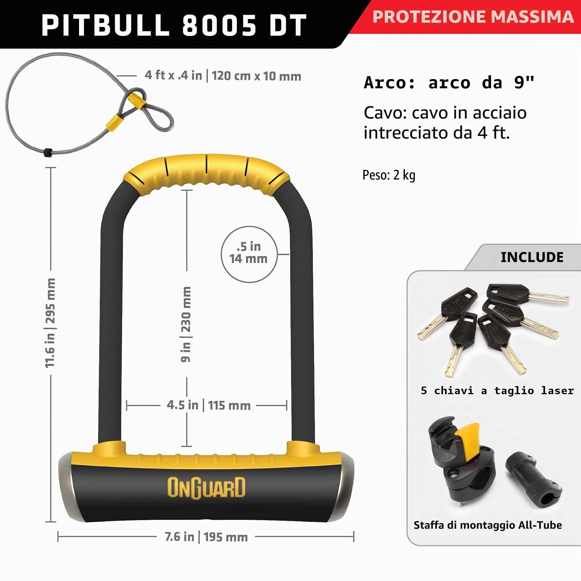 OnGuard Arco Pitbull 115x230mm, Acro Lucchetto Unisex Adulto, Nero, 115 x 230 14 mm 120 cm 10