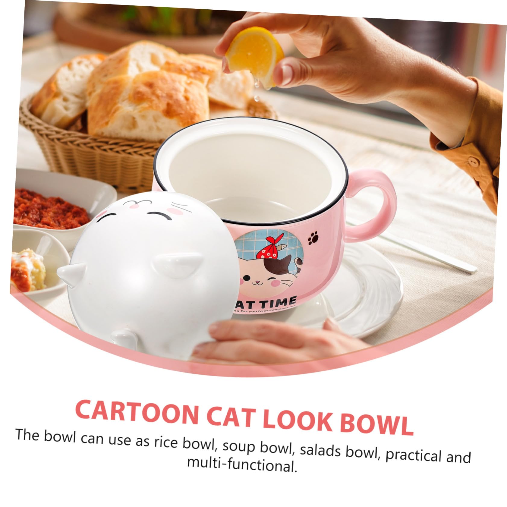 MAGICLULU Keramik Suppenschüssel mit Deckel und Griff Cartoon Katze Design Hitzebeständig Vielseitig für Suppe Instant nudeln Reis Mikrowellengeeignet Dekorativ und Langlebig