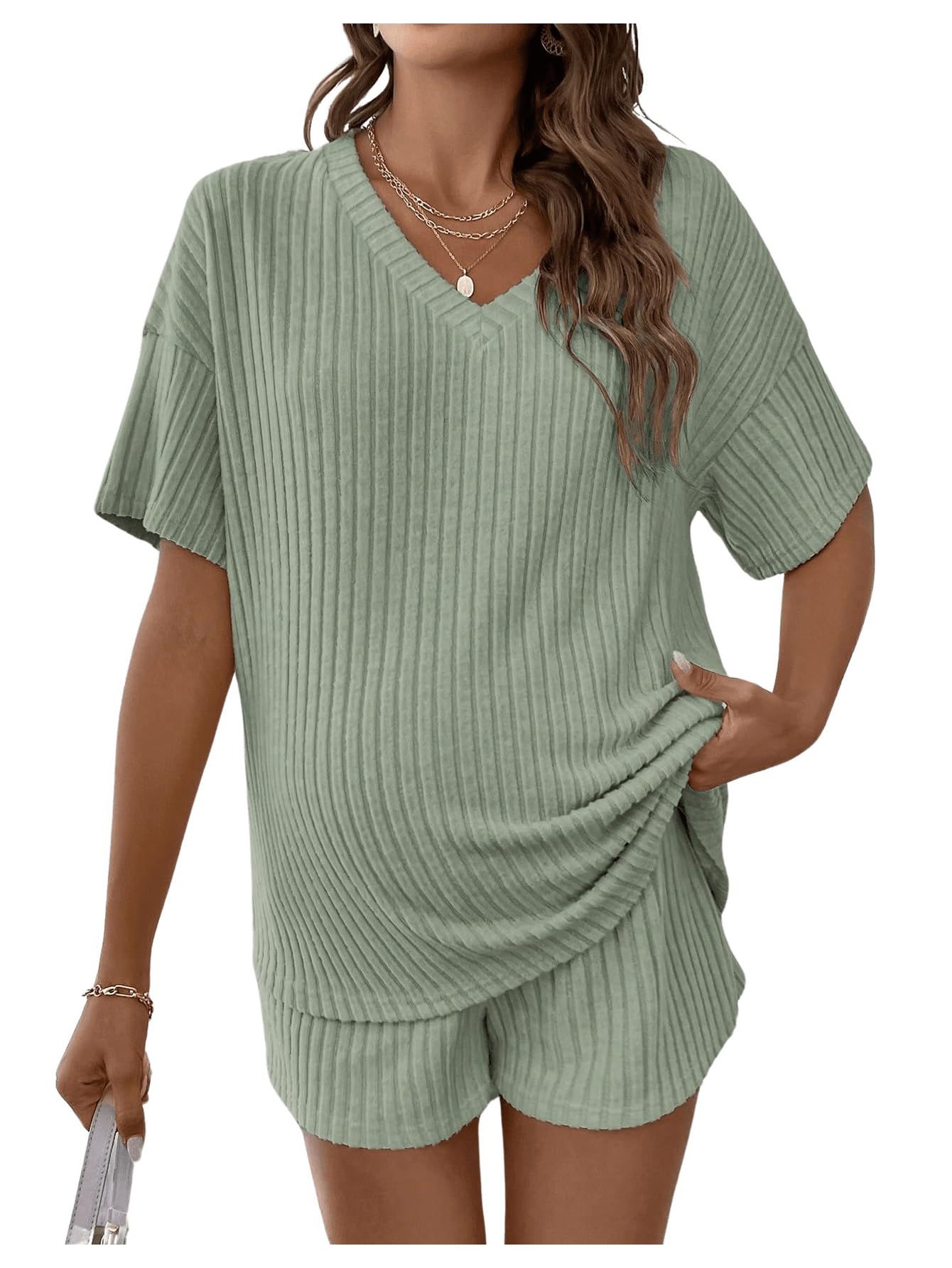 MakeMeChic Women's Maternity 2 Piece Sets Ribbed Shirt and Biker Shorts