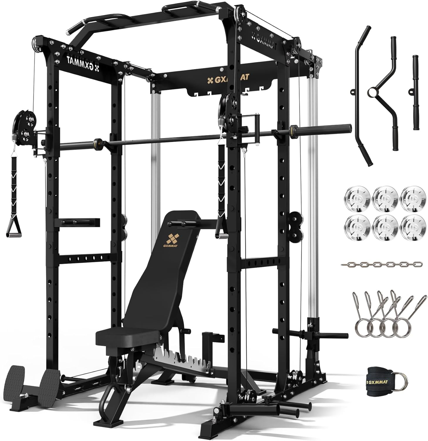 Gxmmat X6 Power Cage, 2200LB Multi-Function Power Rack with Independent Dual Aluminum Pulley System, Squat Rack for Home Gym Strength Training Equipment, Heavy-Duty Steel Construction