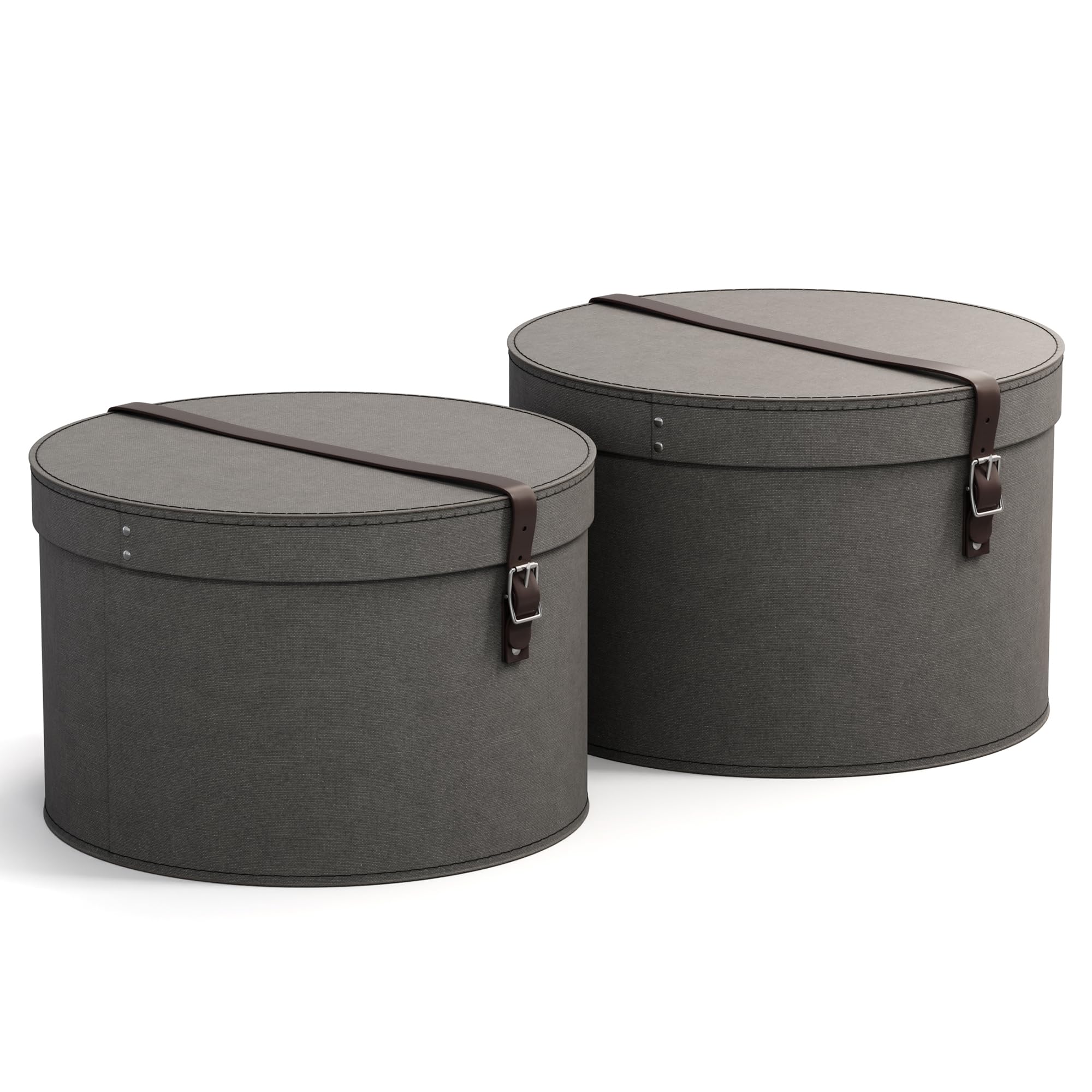 BIGSO RUT 2er-Set Aufbewahrungsbox mit Deckel – runde Ordnungsbox mit Lederriemen – große und kleine Hutschachtel aus Faserplatte und Papier in Leinenoptik – grau
