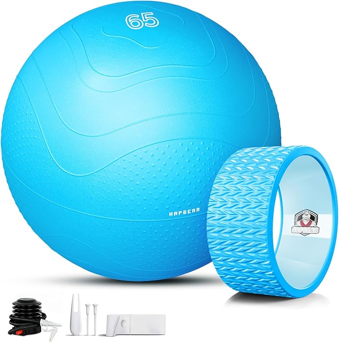 HAPBEAR Back Roller - Yoga Wheel Set with 26'' Anti-Burst Exercise Ball – 12'' PP Inner Core Spine Alignment Tool for Back Pain Relief,Core Strength & Full-Body Workout, Back Roller Wheel for Home Gym & Therapy, Pump Included