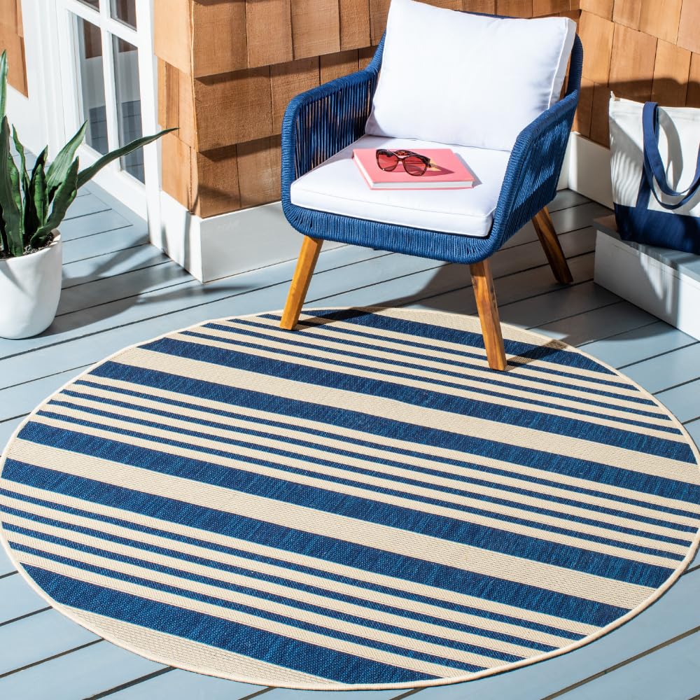SAFAVIEH Washable Rug Outdoor Courtyard Collection - 5'3" Round, Navy & Beige, Non-Shedding & Easy Cleaning, Ideal for Patio, Backyard, Mudroom (