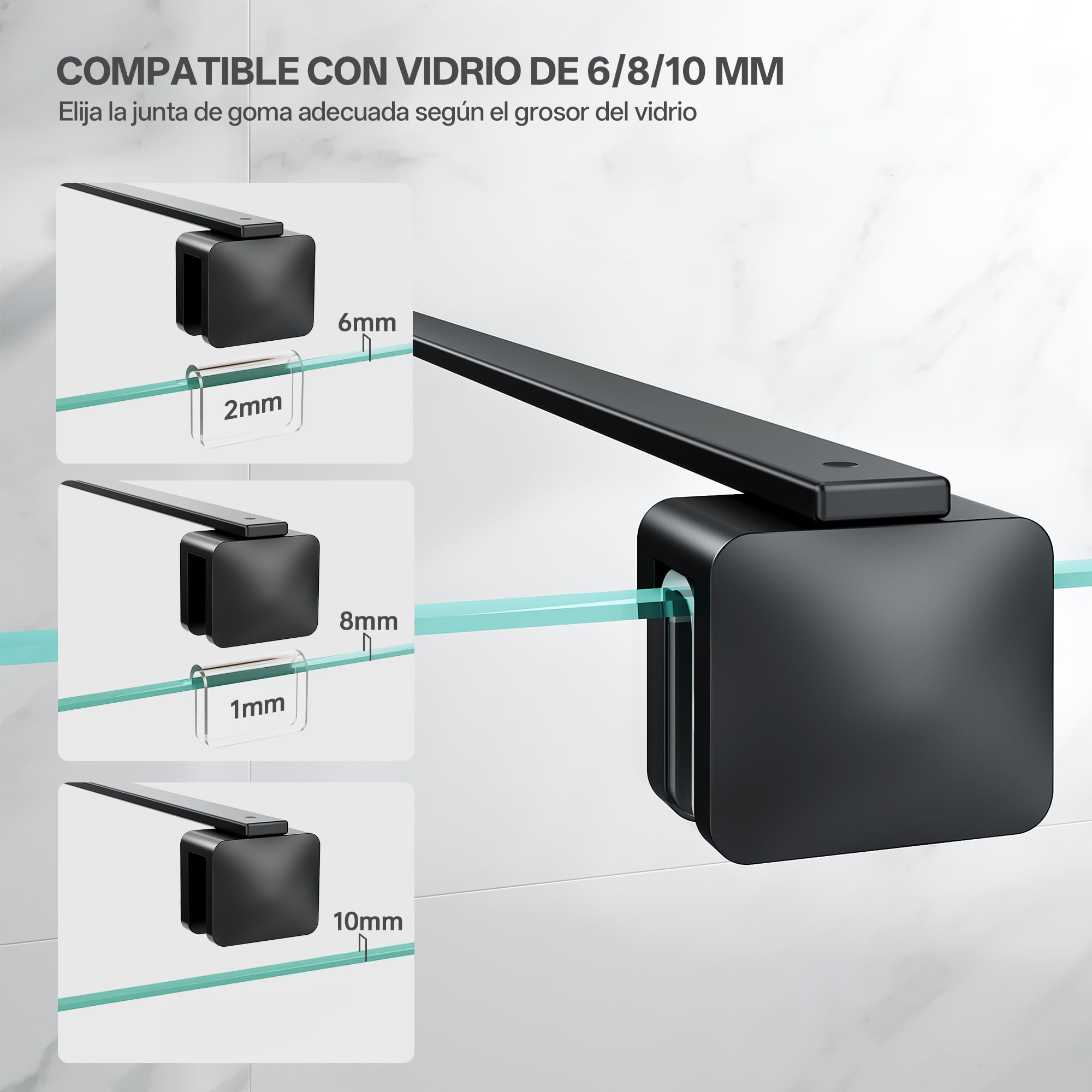 Barra de soporte telescópica de pared para mampara de ducha, ajustable de 66,7 a 121,5 cm (desde la pared hasta el borde interior del vidrio), para vidrio de 6-10 mm, negro mate | Fabricado con acero inoxidable 304, adecuado para vidrio de 6-10 mm, diseño