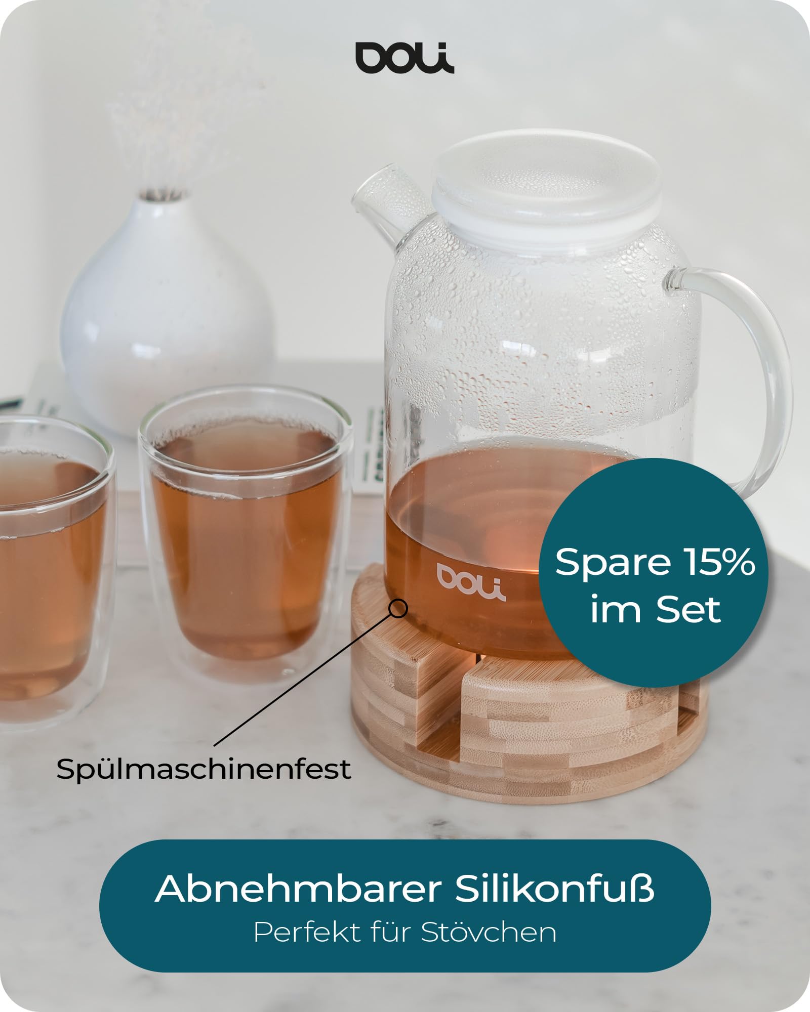 Doli Teiera da 1,5 l con infusore, per 1 – 8 tazze di tè, filtro lungo in acciaio inox per aroma puro, resistente al fuoco e lavabile in lavastoviglie (nero)