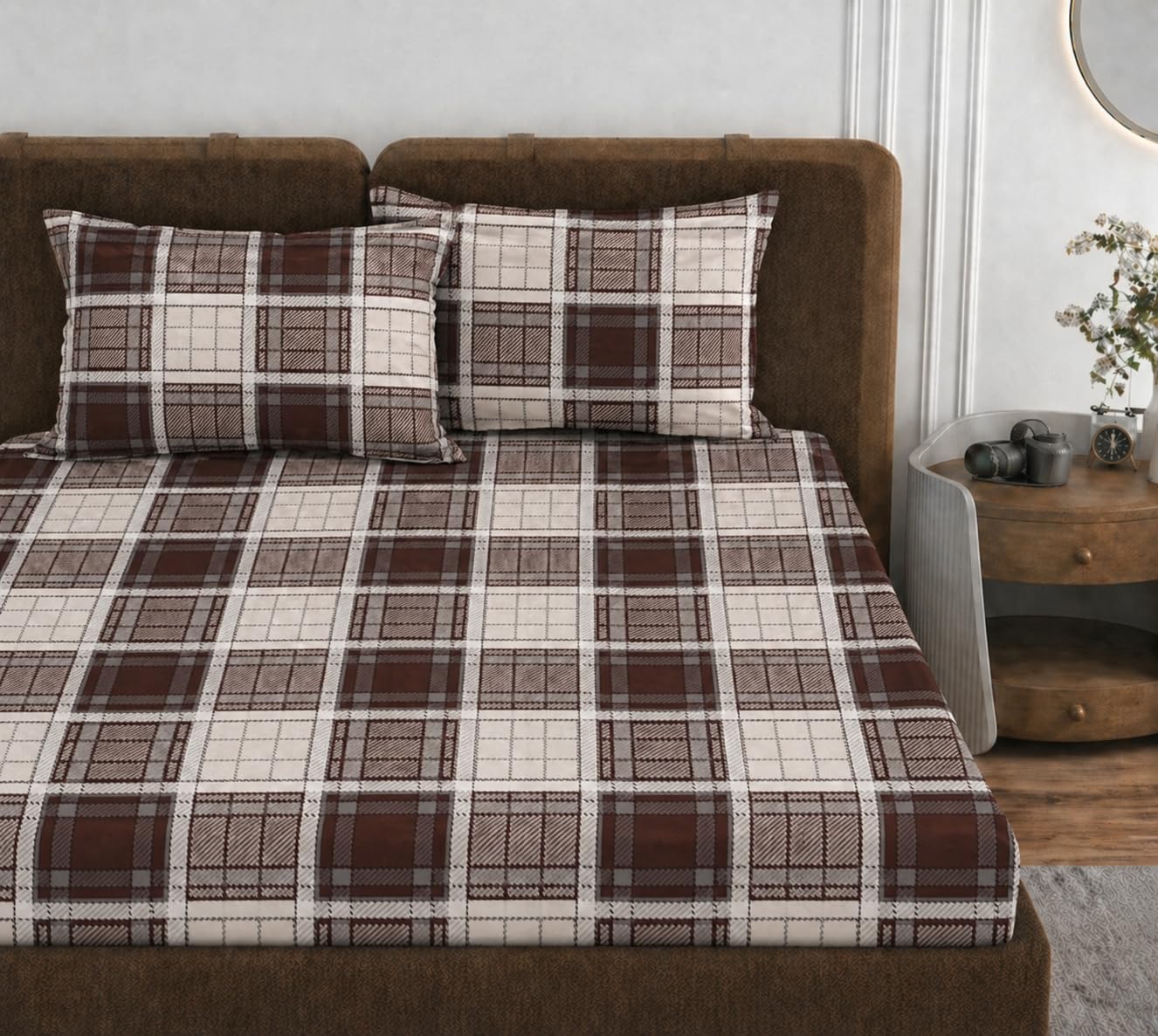 VOMZER 320 TC Cotton Feel All Around Elastic Fitted Bedsheets King Size, Premium Fitted Bedsheets King Size for Double Bed with 2 Pillow Covers, Size- 78” x 72” (Coffee Check)