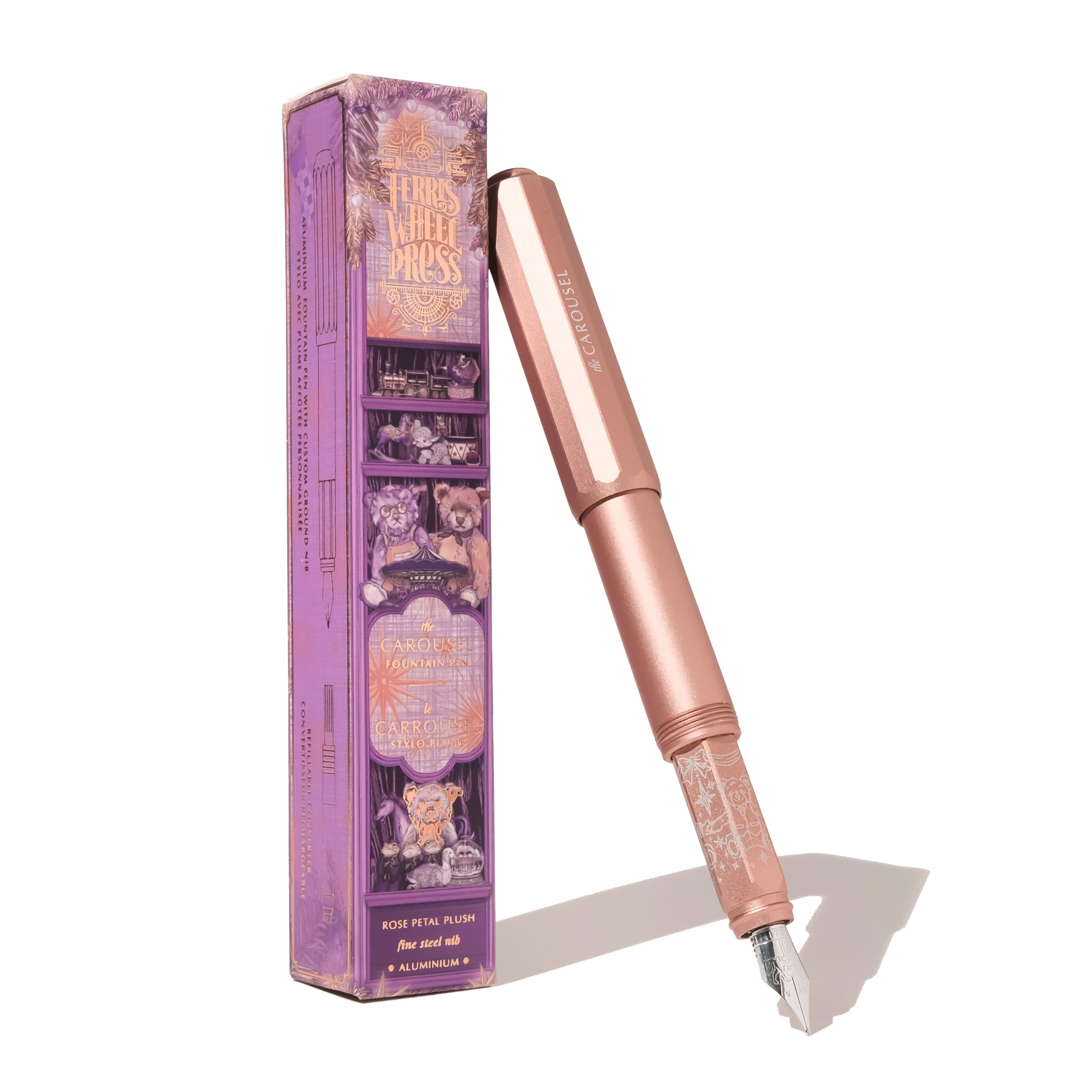 Ferris Wheel Press , Aluminum Carousel Fountain Pen, Rose Petal Plush, Aircraft grade aluminum body
