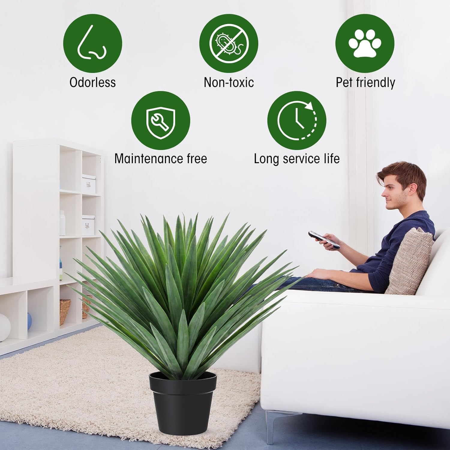 Giegxin 1 Pcs 27'' Artificial Agave Plant in Black Pot Faux Agave Plant Potted with 110 Realistic Leaves UV Resistant Artificial Greenery Outdoor Indoor for Housewarming Gift House Garden