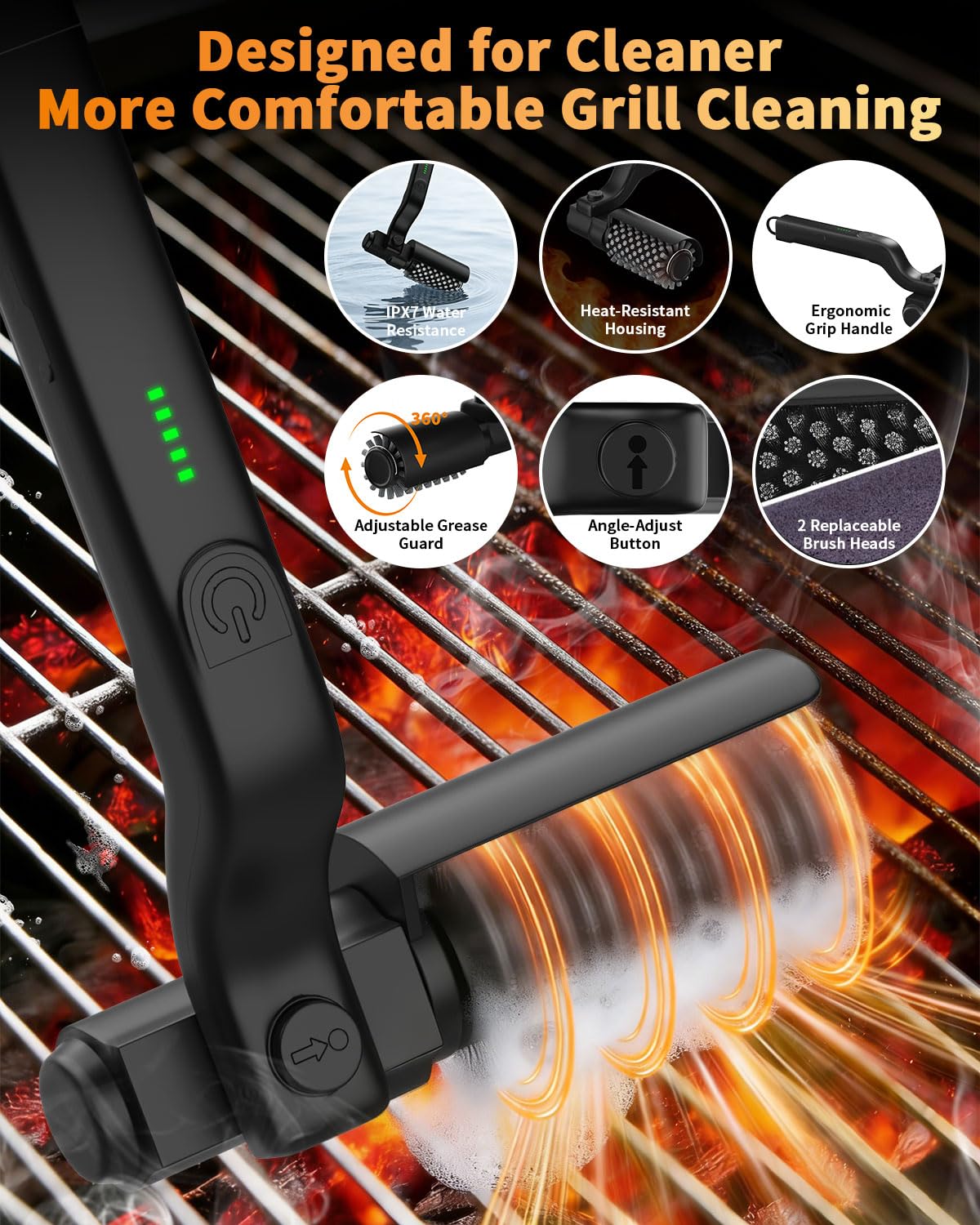 Cepillo eléctrico para parrilla, herramienta giratoria de limpieza de barbacoa de 3 velocidades con cabezal ajustable de 180°, tiempo de funcionamiento de 90 minutos, recargable por USB-C