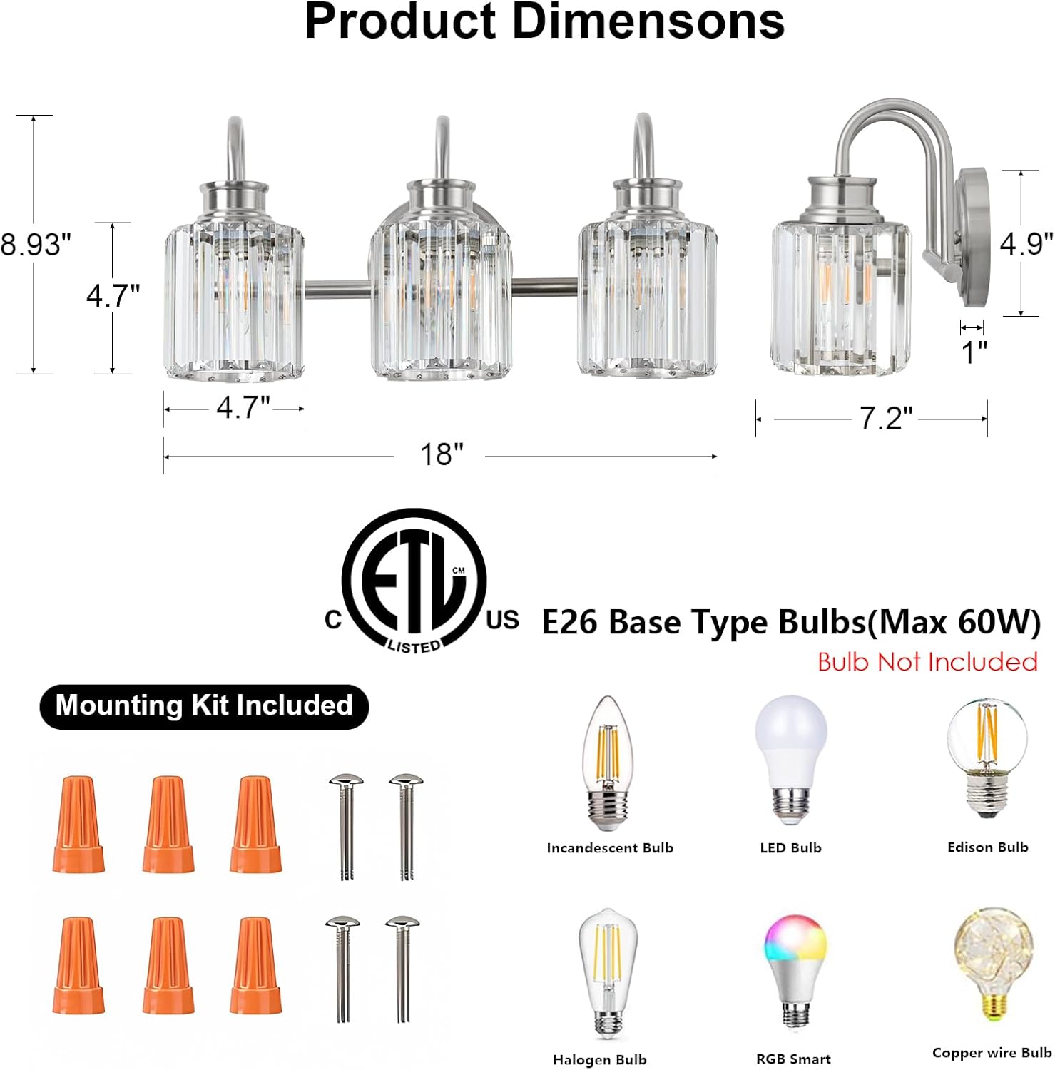 Brushed Nickel Bathroom Light Fixtures with K9 Crystal Lampshade Bathroom Lighting Over Mirror Vanity Lights for Living Room,Bedroom,Restroom,Hallway 3 Lights