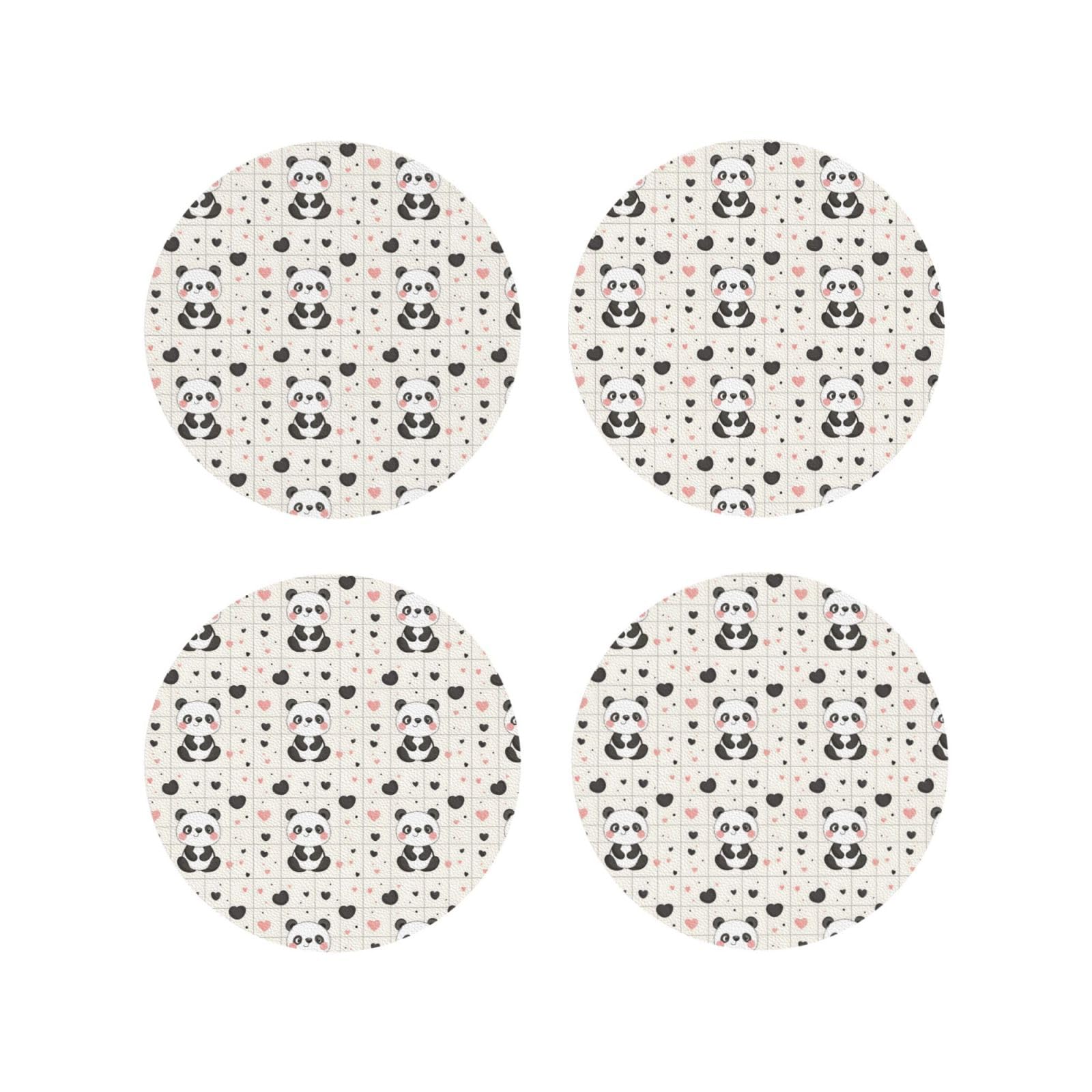 Leather Coasters Set of 4 - Cute Panda Heart Print Lightweight Drink Coasters for Desk
