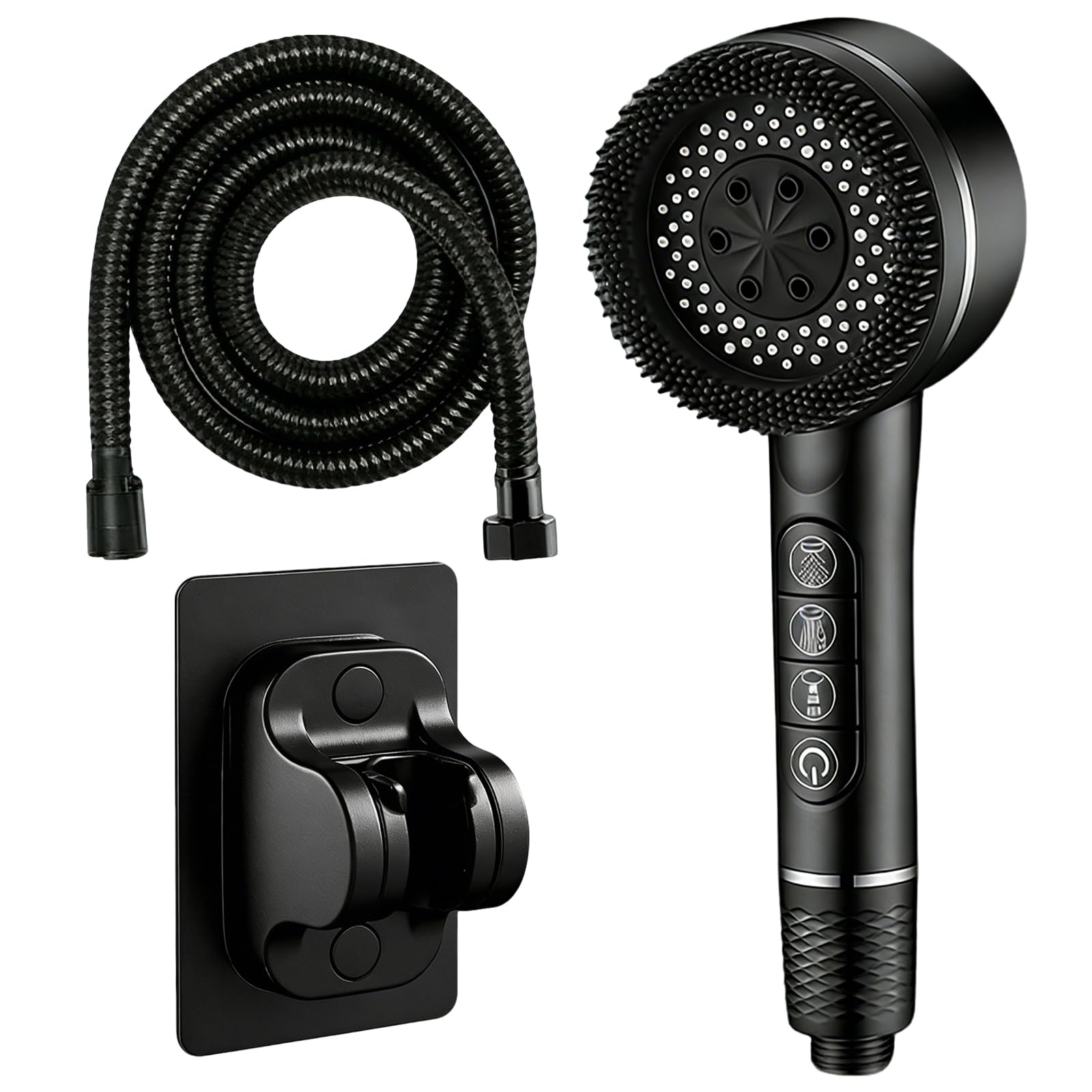 Senshuomy High Pressure Filtered Shower Head for Hard Water - Handheld Showerhead with 4 Spray Modes & On/Off Pause Switch, Includes 1.5m Hose and Adjustable Bracket (Black)