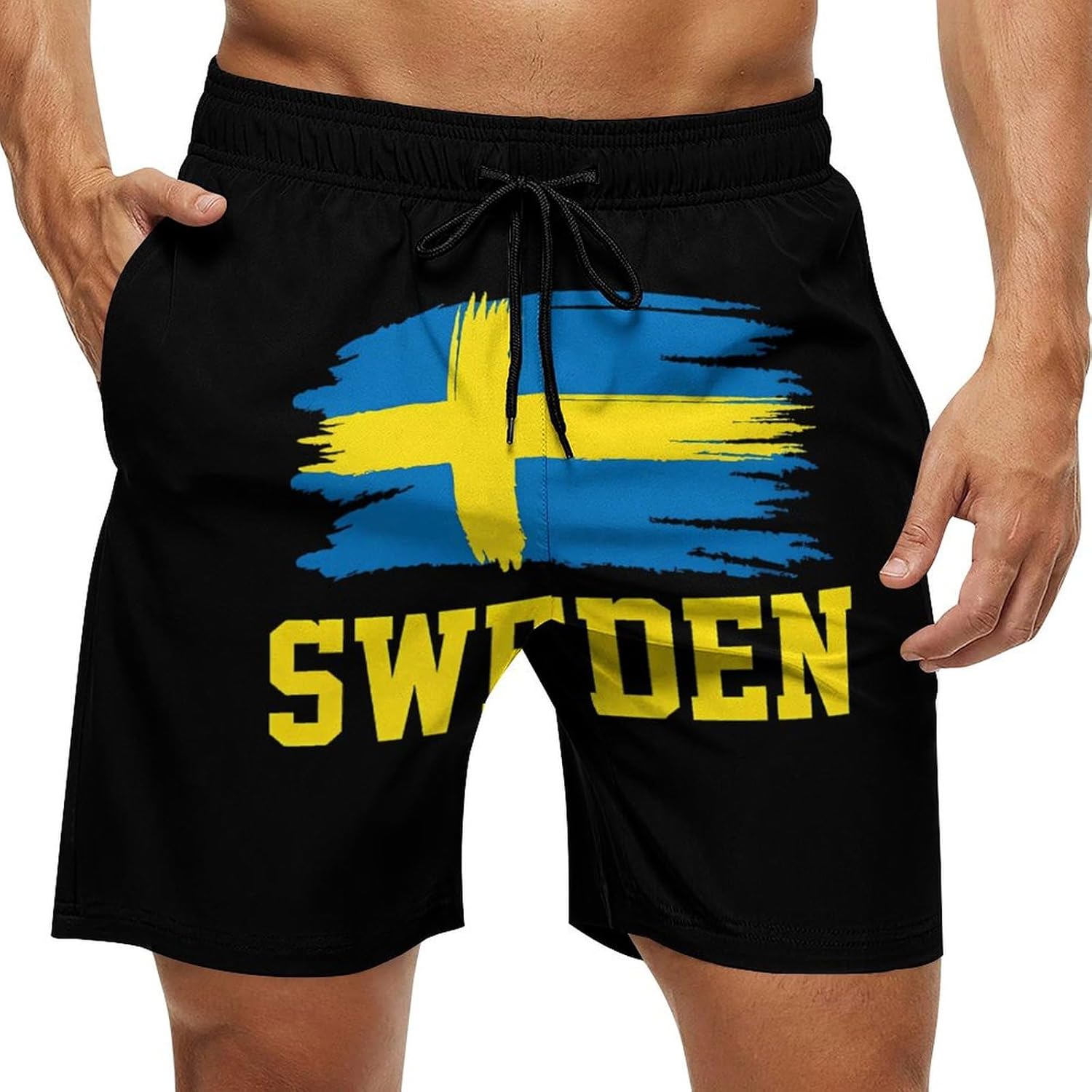 Sweden Flag Casual Men's Swim Trunks Novelty Summer Beach Shorts Swimwear with Pocket
