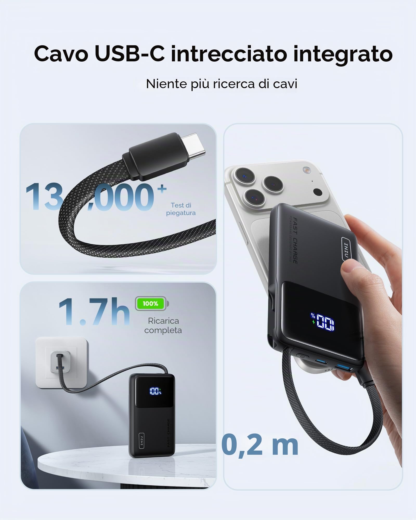 INIU Power Bank con cavo USB C integrato, 45 W 10000 mAh PD caricabatterie portatile a ricarica rapida tipo C, batteria esterna più piccola e leggera per iPhone 16/15 Pro Galaxy S25 Google iPad Travel