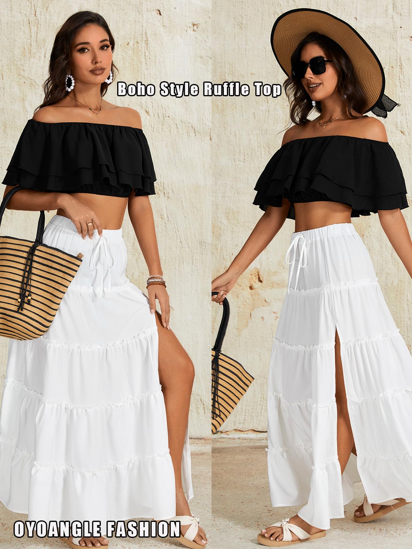 OYOANGLE Women's Off Shoulder Short Sleeve Ruffle Blouse Summer Vacation Crop Tops