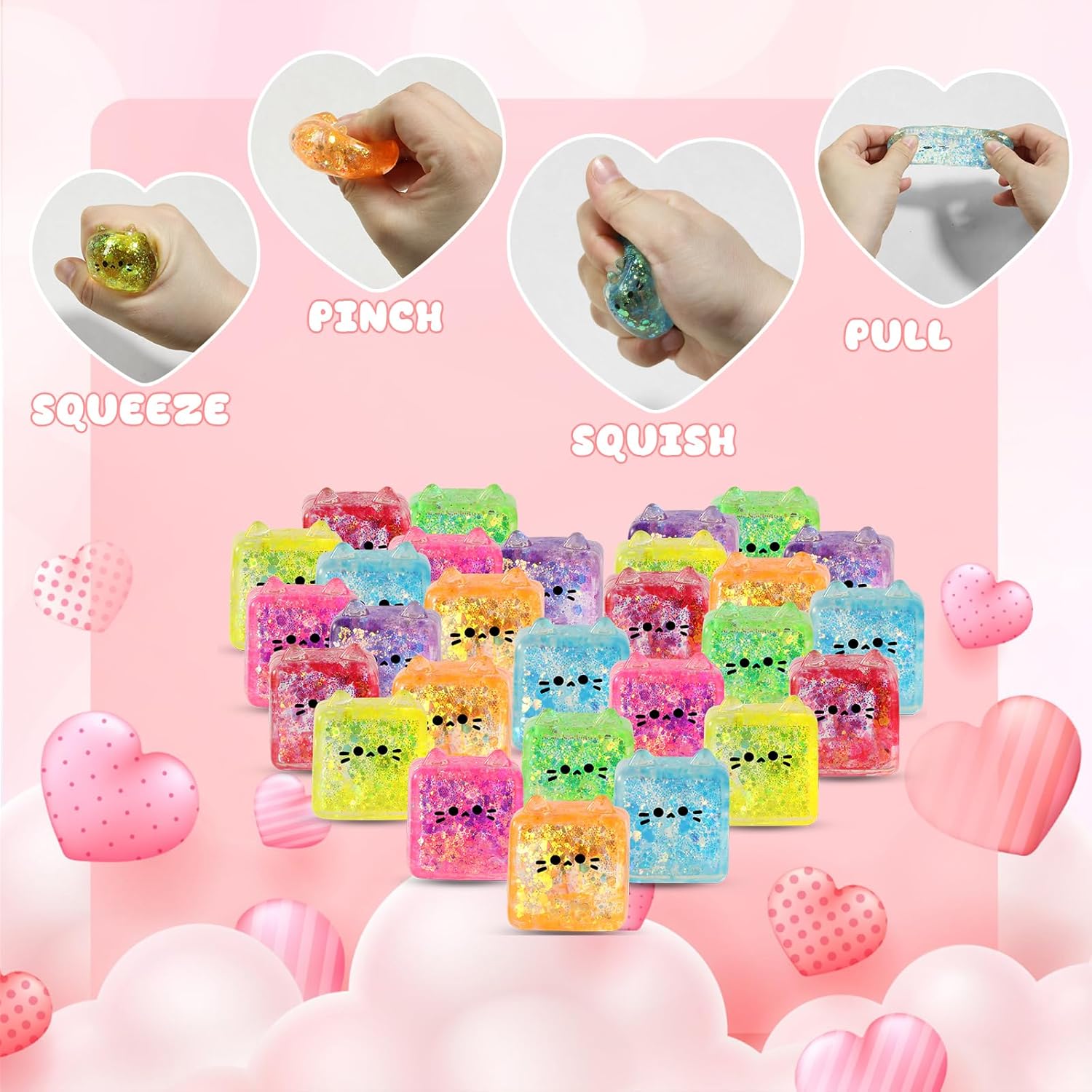 28 Pack Fidget Squishy Toys - Square Cat Shaped Stress Balls & Cards Set, Glitter Squishy Fidget Toys for Classroom Exchange, Party Favors, Anxiety Relief