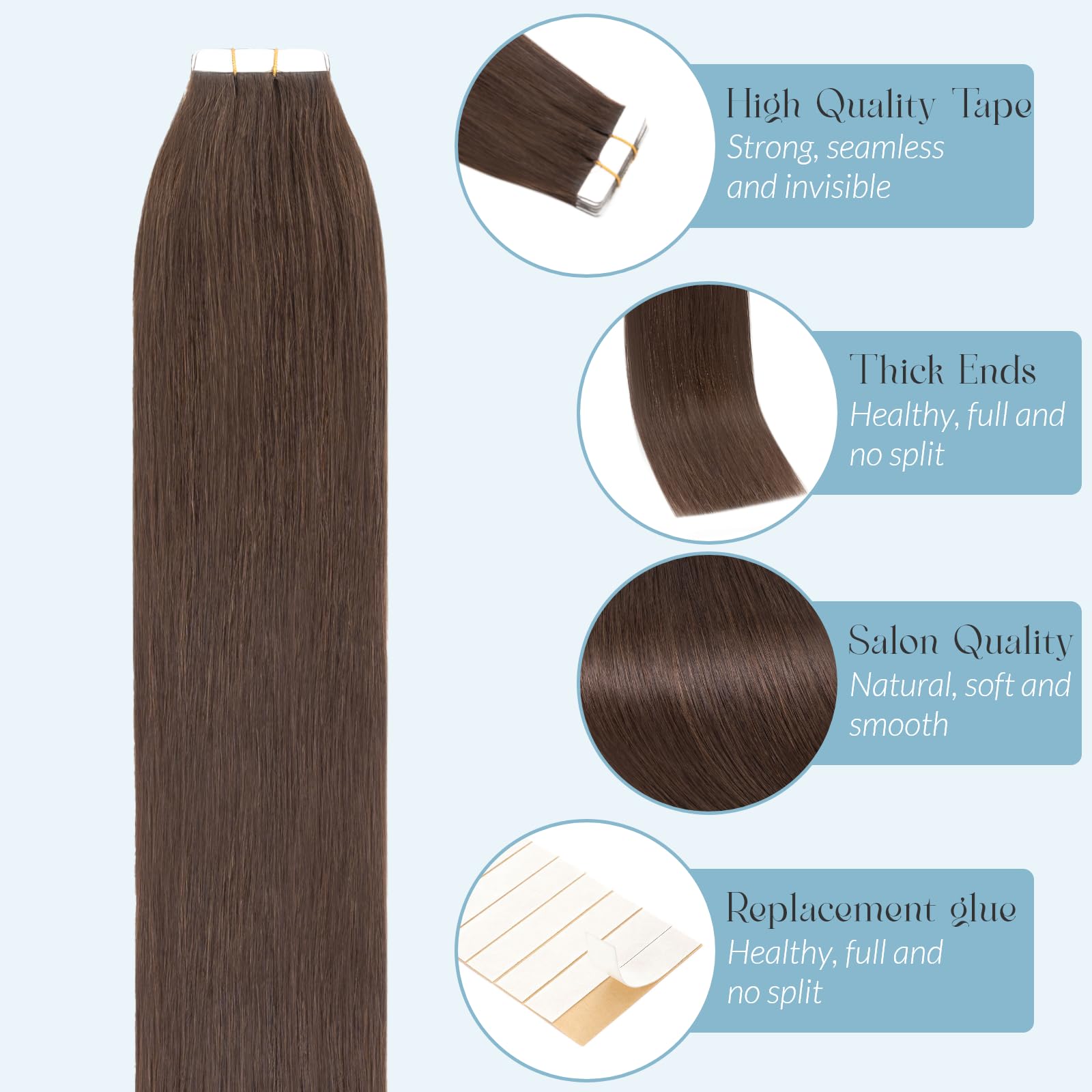 MY-LADY Tape in Hair Extensions 10 Pcs Invisible Thin Type 16 Inch Real Human Hair Tape in Extensions Straight Seamless #2 Dark Brown 15g - Image 2