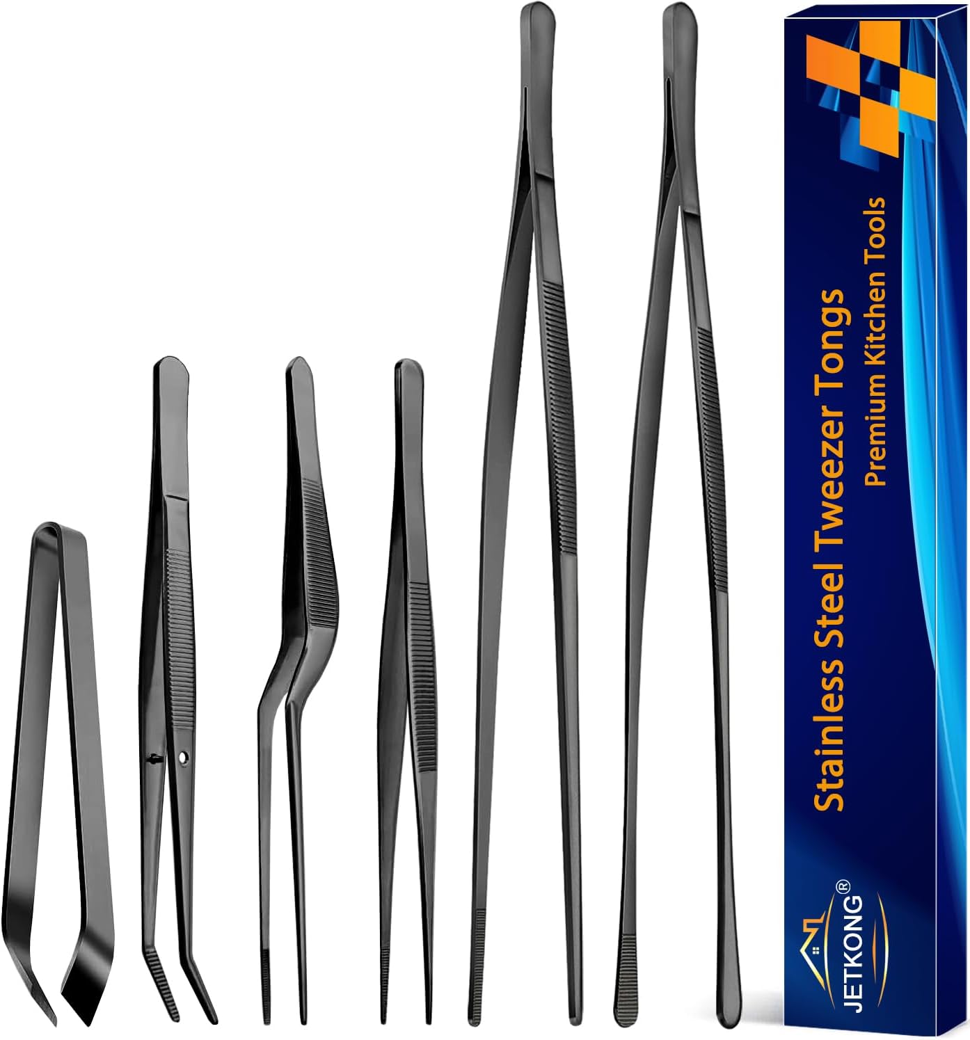 JETKONG 6 Pcs Cooking Tweezer Tongs, 12” and 6.3″ Stainless Steel Kitchen Tweezer Set, Professional Chef Tweezers for Cooking, Repairing, Sea Food, BBQ, Multi-use (Black) JETKONG 6 Pcs Cooking Tweezer Tongs, 12” and 6.3″ Stainless Steel Kitchen Tweezer Set, Professional Chef Tweezers for Cooking, Repairing, Sea Food, BBQ, Multi-use (Black)