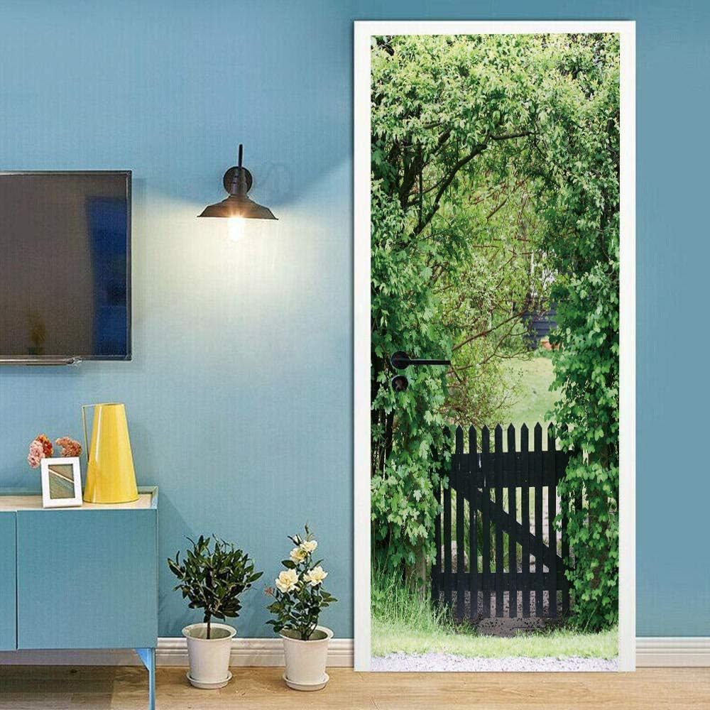 Autocollant de porte effet 3D feuilles noires vertes en PVC imperméable 95x215cm