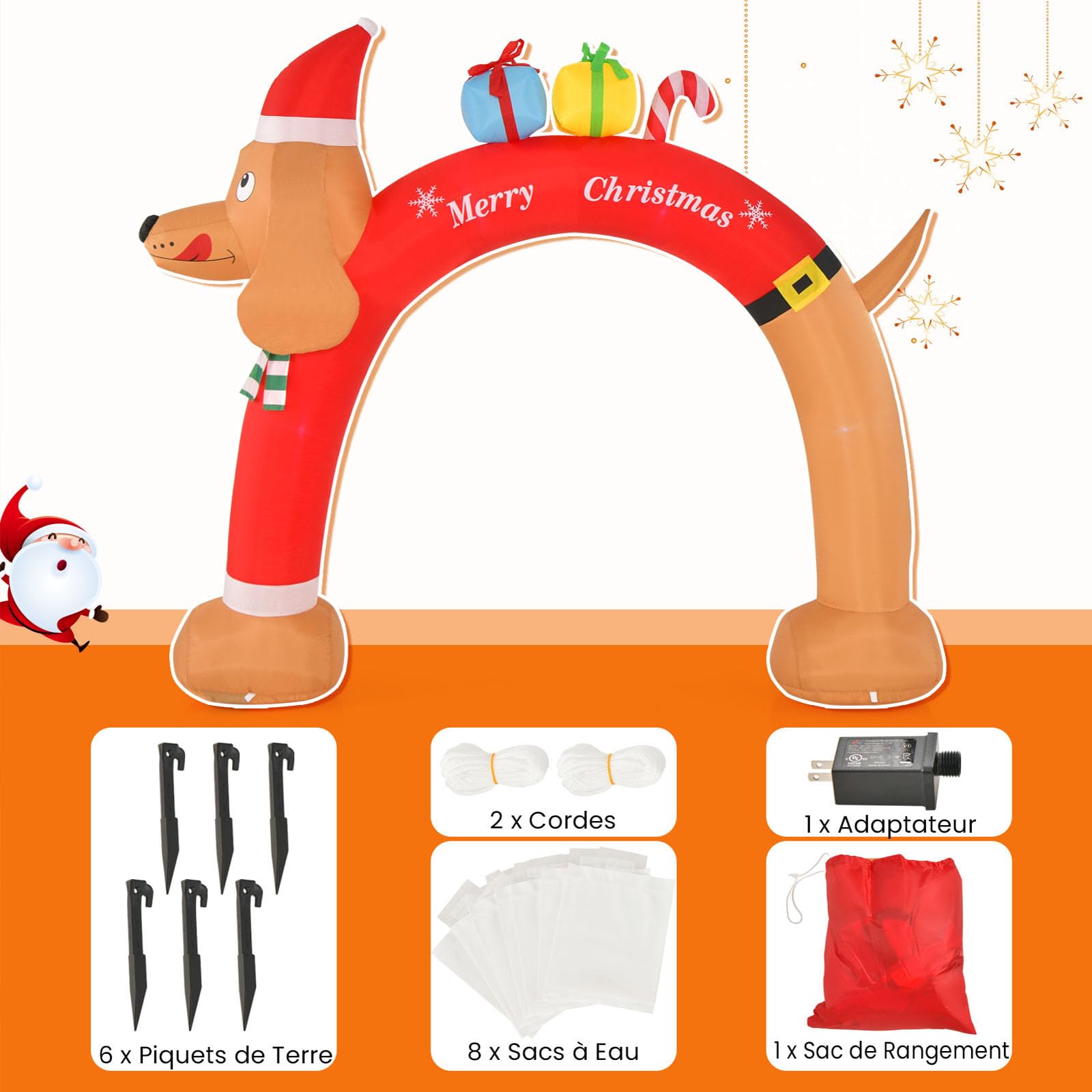 GYMAX Arche Gonflable de Noël Lumineux 242cm, Décoration de Noël Gonflable pour Extérieur Intérieur, Lumineux LED et Souffleur Intégrés, Cordes et Piquets, Décoration Festive