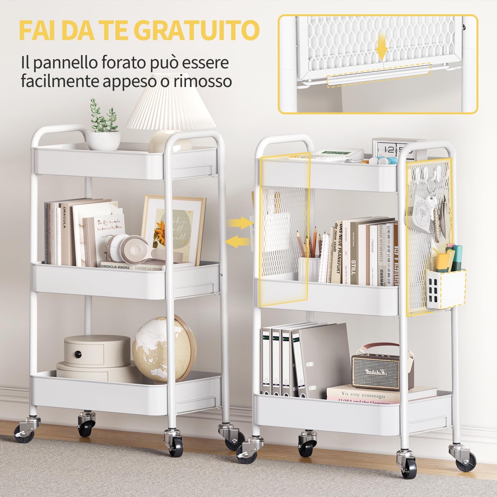 Urackify Carrello portaoggetti per varie applicazioni, carrello in metallo a 3 livelli con pannelli forati fai da te, cesti e ganci per riporre extra in cucina, bagno, ufficio, aula e altro ancora,