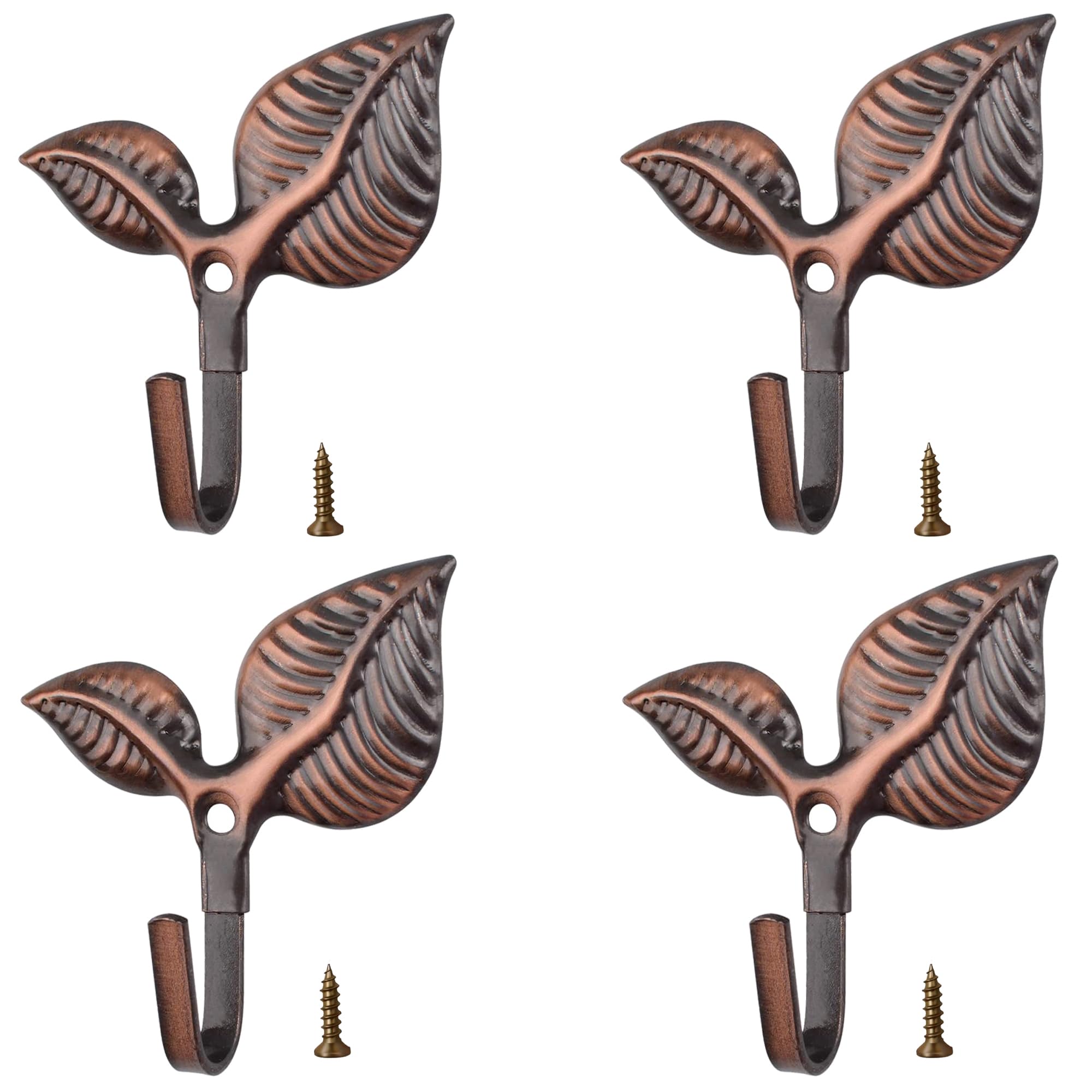 4Pcs Vintage Leaf Coat Hooks, Heavy Duty Cast Iron Wall Mounted Pegs, Rustic Anti-Rust Decorative Wall Hangers with Smooth Edge, Easy DIY Install Hooks for Bathroom, Kitchen, Bedroom (Red Bronze)