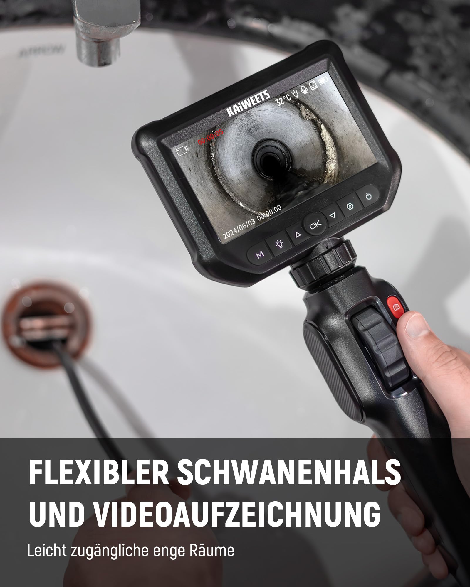 KAIWEETS Inspektionskameras Endoskopkamera mit Licht, 4,3''IPS 1080P Inspektionskamera mit Scrollradsteuerung Zwei-Wege 210° Drehung, Flexible Rohrkamera IP67 wasserdichte für Kfz und Rohrinspektion