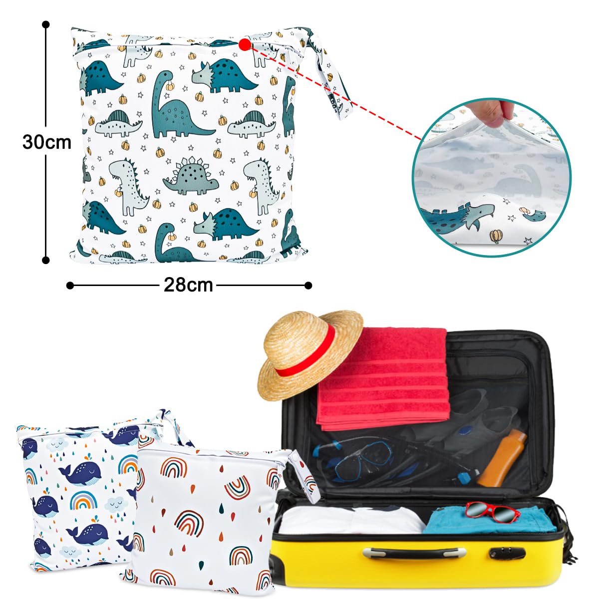 Bolsa de Pañales, 3PCS Bebé Reutilizable Impermeabilizan Bolsa con Cremallera Impermeable para Mamá, Wetbag Portátil Organizador de Viaje, Playa, Gym (Blanco)