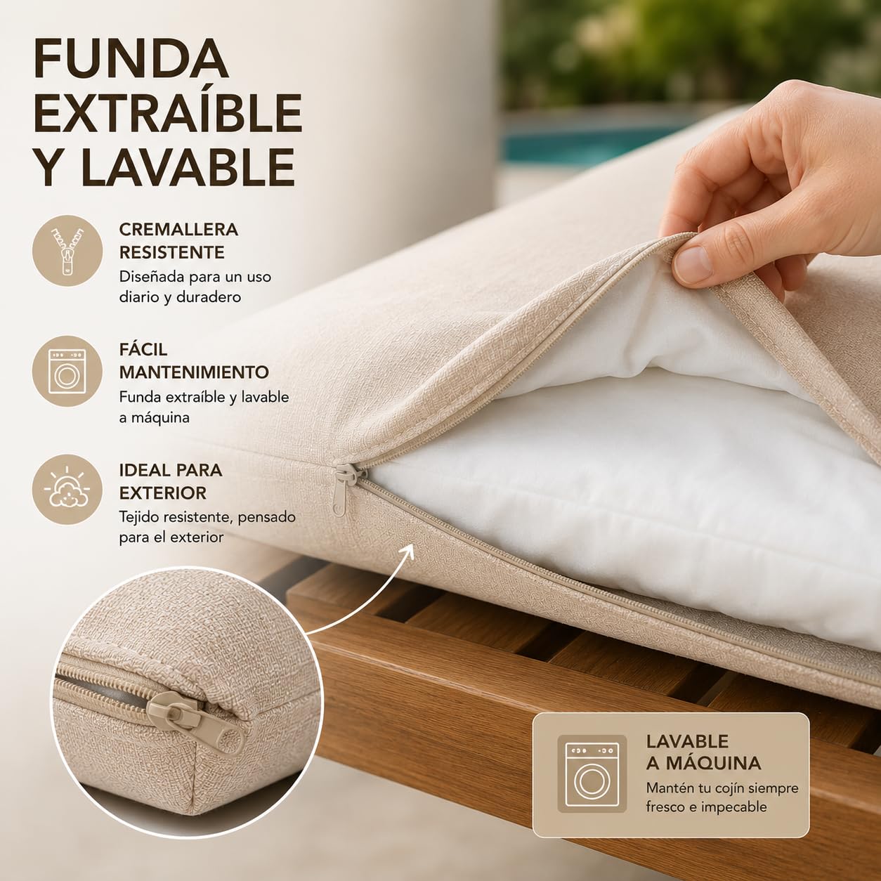 TIENDA EURASIA - Cojin Tumbona Exterior | Pack 2 Colchonetas | Medida 180 x 50 x 6 cm | Funda de Loneta con Cremallera Lavable | Relleno de Fibra Hueca Acolchada (Crudo)