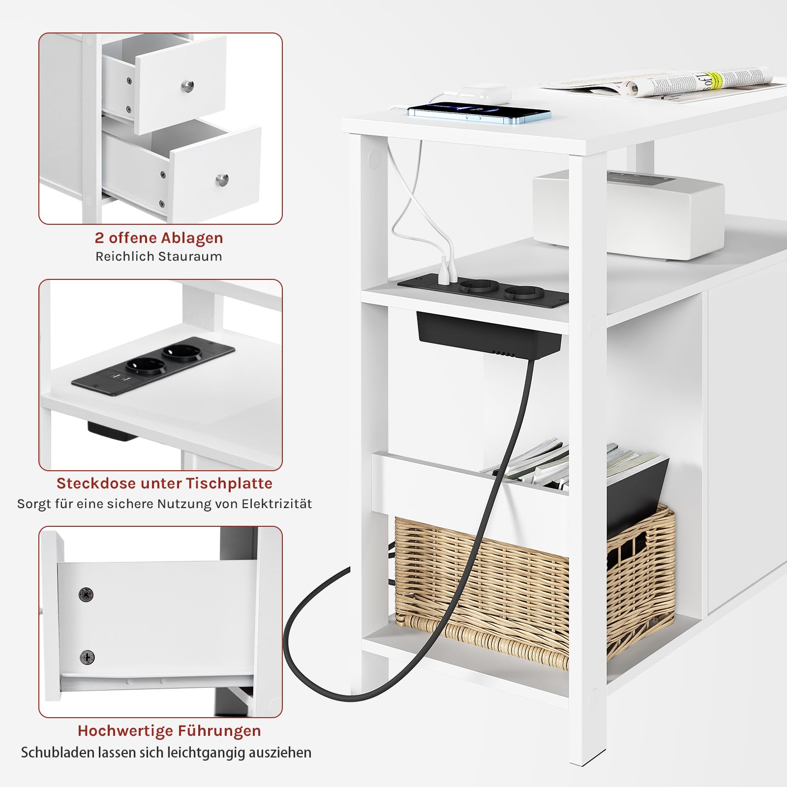 WOLTU Beistelltisch mit Steckdose, Nachttisch mit Ladefunktion | Sofatisch schmal,mit 2 Schubladen 2 Ablagen 1 Fach,2 Steckdosen,2 USB-Anschlusse,bis 20 kg,Weiß