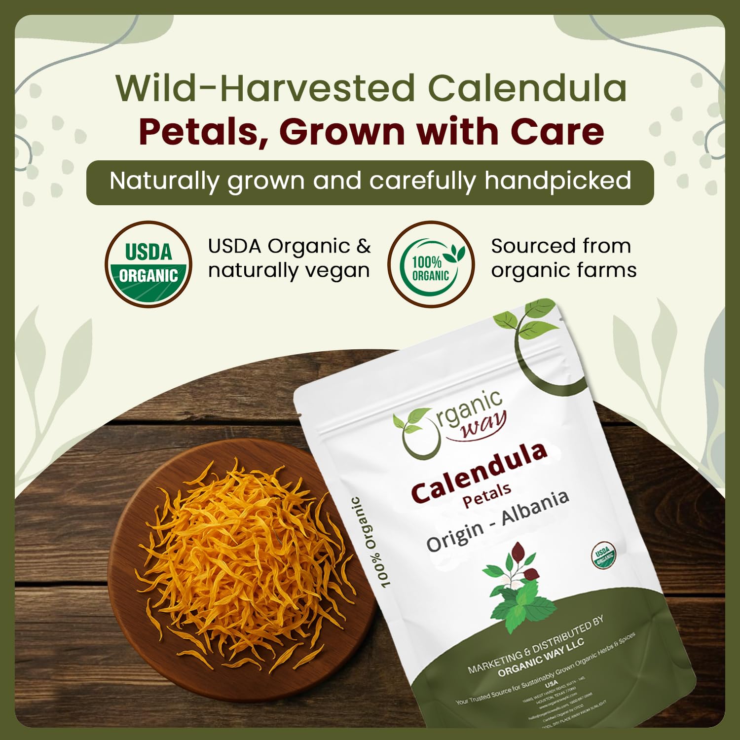 Organic Way Dried Calendula Petals | Herbal Tea (Calendula Officinalis) - European Wild-Harvest | Organic & Kosher Certified | USDA Certified | Origin - Albania (1/2LBS / 8Oz) (Pack of 2)
