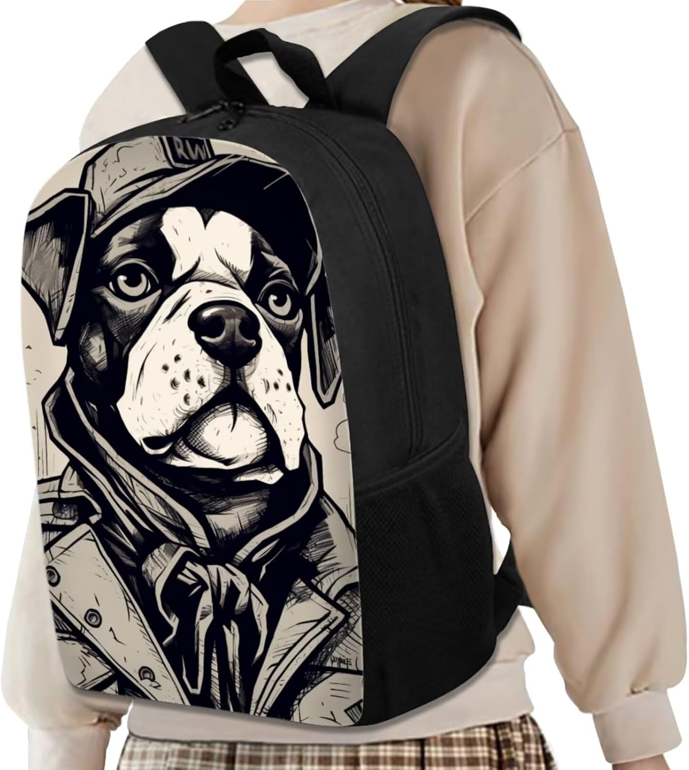 Kids 17 Inch Print Backpack with Lunch Box Lightweight Comfy Padded Back Bulldog Dog Backpack for Boys Girls Elementary School Bag Trendy Black Bookbag with Pencil Case