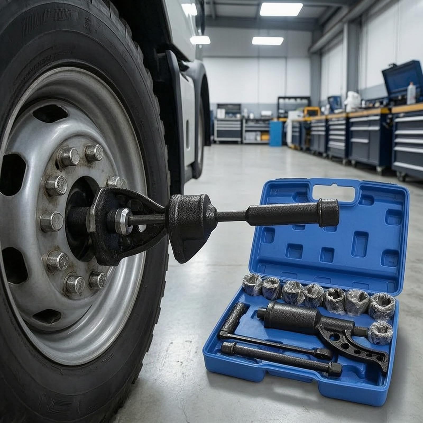 Clé Démontage Pneu Véhicule avec Manivelle et Huit Douilles en Acier Haute Teneur en Carbone pour Camion et Remorque Adaptée aux Ateliers Mécaniques et Urgences Routières