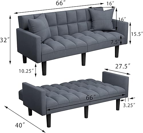 Miniatura 2 de JUMMICO Moderno sofá cama tipo futón convertible tipo futón reclinable tamaño individual con brazos y 2 almohadas para sala de estar (gris)