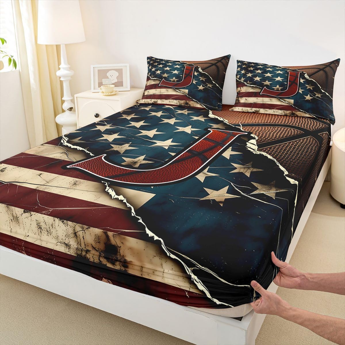 Erosebridal Basketball Full Bed Sheets for Kids Boys Girls American Flag Fitted Sheet, Personalized Initial J Bedding Sets 3 Pieces, Gifts for Boys Kids Teens Adult Lover Fans