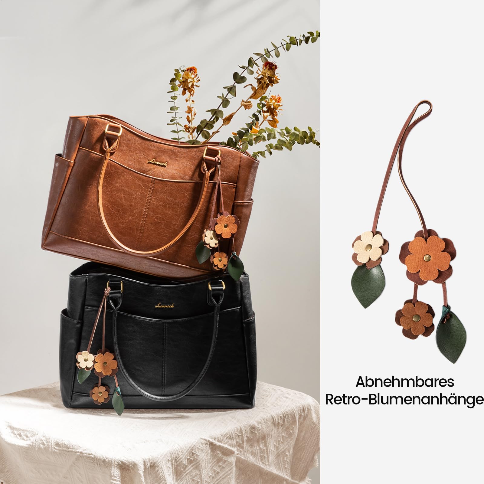 LOVEVOOK Laptoptasche Damen 15,6 Zoll, Arbeitstasche Shopper Tasche Handtasche Groß, Elegant Lehrertasche Tote Bag PU Leder Schultasche Laptop Taschen mit Blumen Anhänger für Business Uni Schule