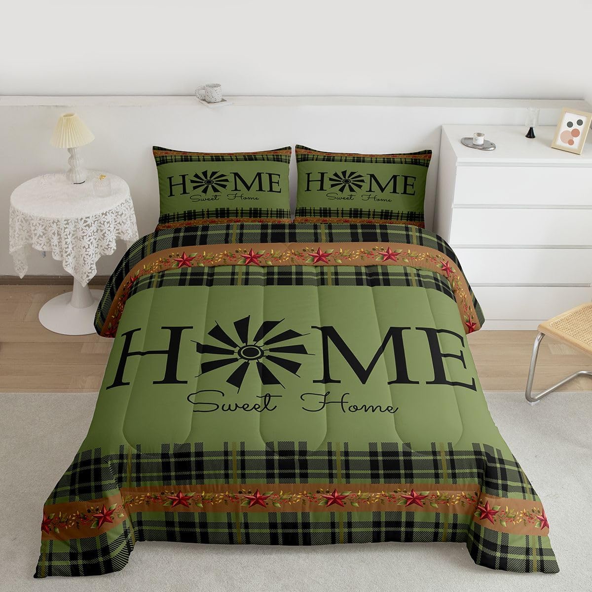 Erosebridal Windmill Bedding Sets Full Size, Rustic Farmhouse Comforter Set Southwestern Decor Quilt for Teens Adult Women Bedroom Decor, Green Plaid Buffalo Western Vintage Bedding Comforter Sets