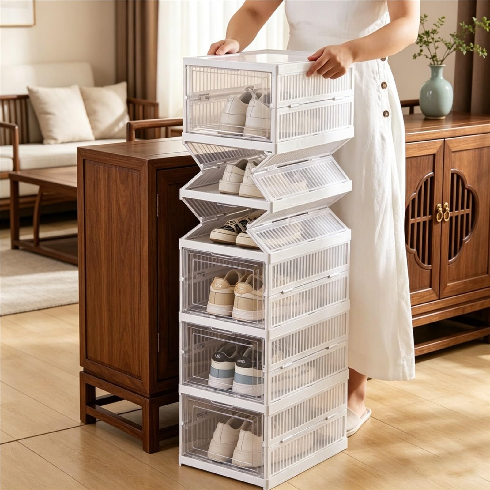 TYNGBT 6-Tier Fold-Top Shoe Cabinet, Stackable Shoe Organizer with Transparent Doors, Freestanding Shoe Rack with Lid for Closets & Entryways