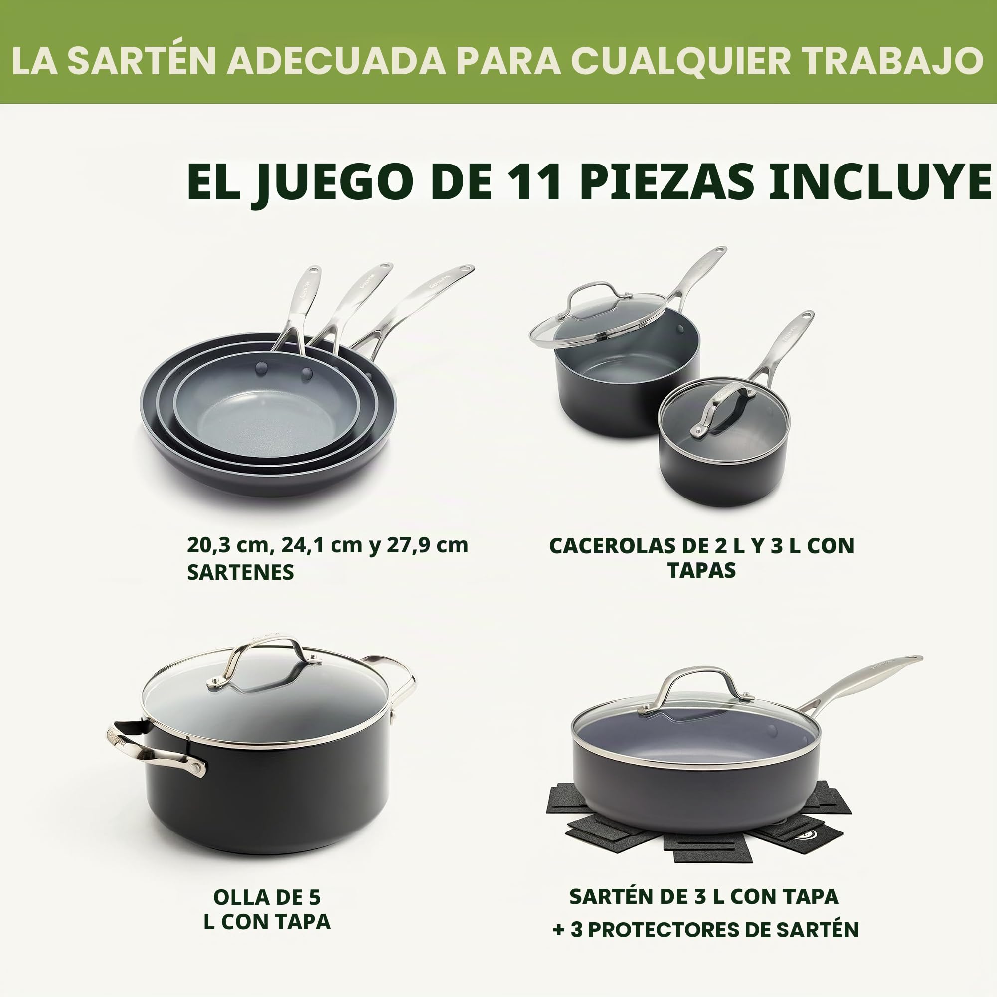 GreenPan Valencia Pro Batería de Cocina de 11 Piezas de Cerámica Sana Antiadherente Anodizada Dura, Incluye Sartenes, Sartén Honda, Cazos, Tapas, Sin PFAS,Inducción,Apto para Lavavajillas y Horno,Gris