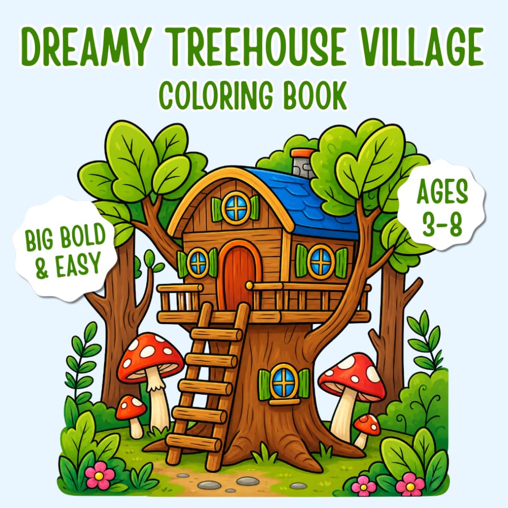 Dreamy Treehouse Village Coloring Book: Big Bold & Easy Coloring Pages for Kids Ages 3–8 | Cozy Treehouses, Woodland Friends & Screen-Free Creative Fun