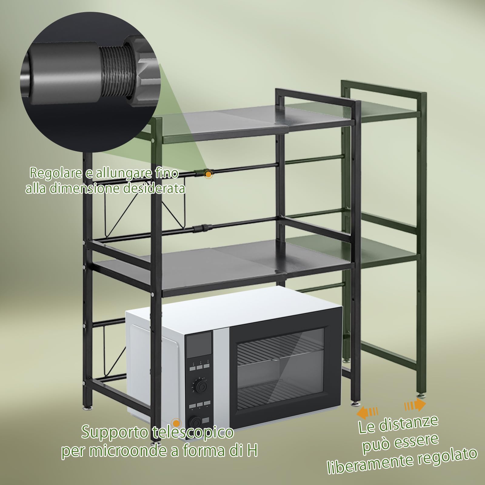 Scaffale a microonde a 2 livelli, larghezza regolabile, supporto per riporre il tostapane, scaffale cucina, allungabile da 40 a 63 cm, capacità di carico 75 kg (nero)